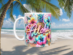Bright Flowers Fruits Aloha Ceramic Mug, (11oz, 15oz)