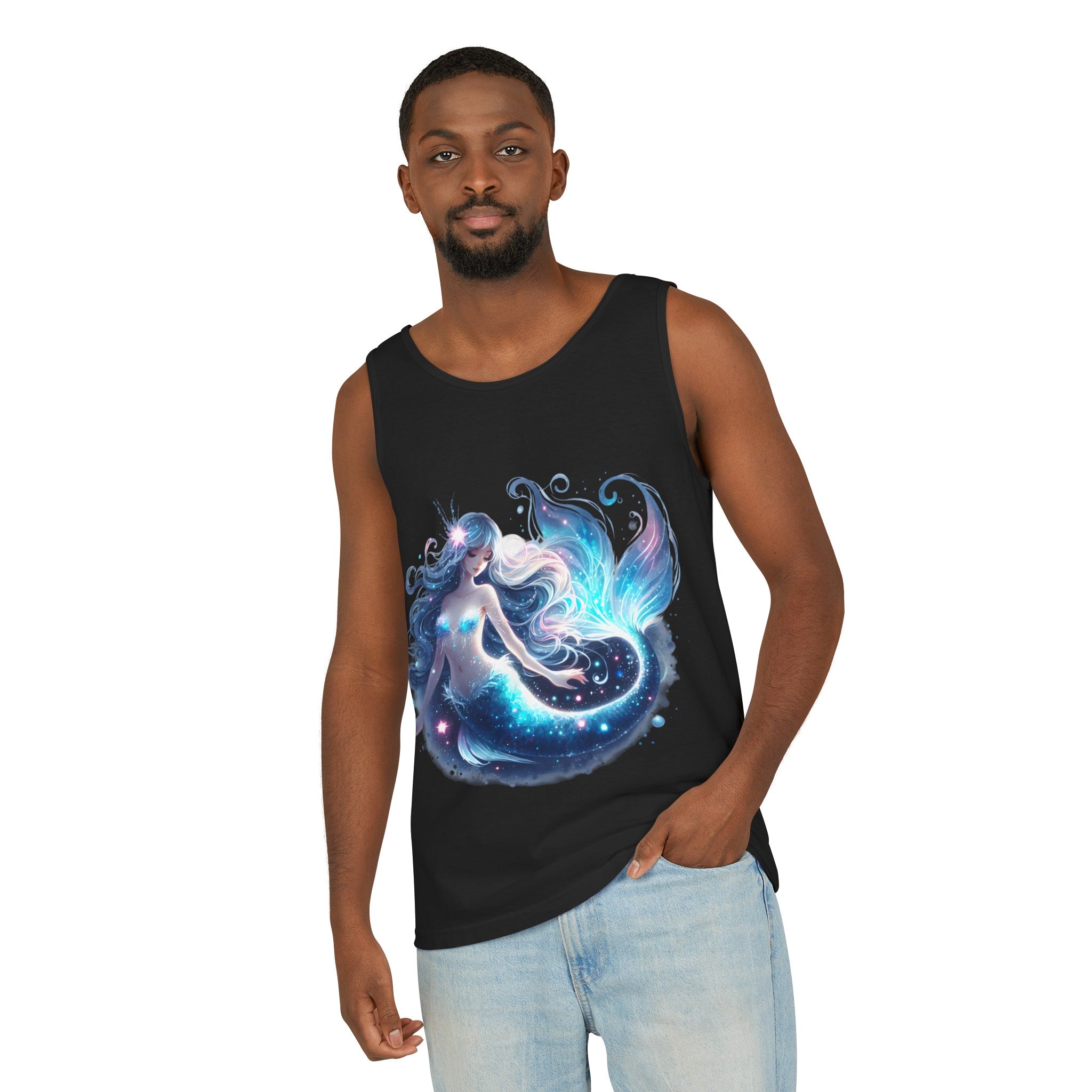 Blue Mermaid Black Tank Top – Unisex Garment-Dyed Comfort