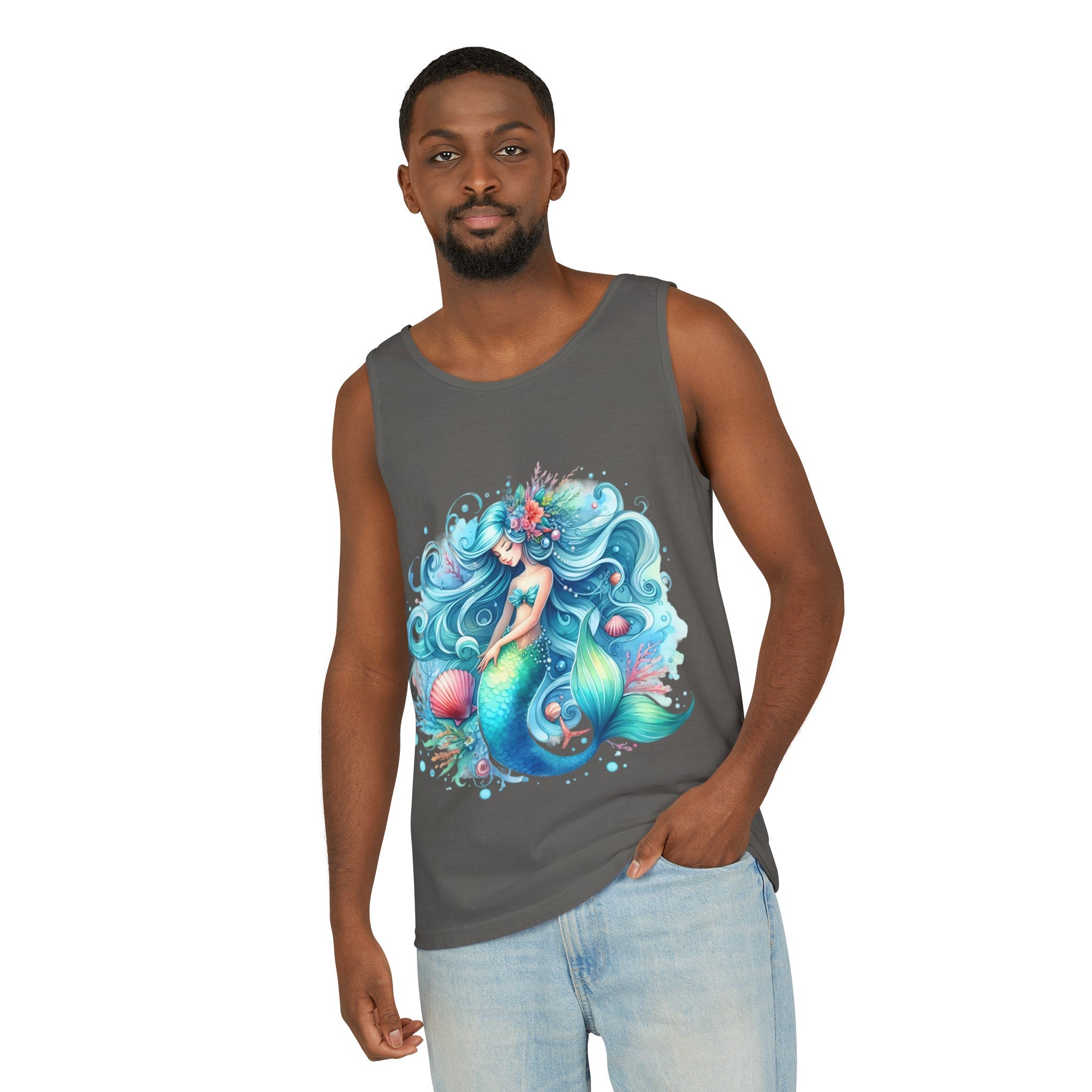 Sleeping Mermaid Black Tank Top – Unisex Garment-Dyed Comfort