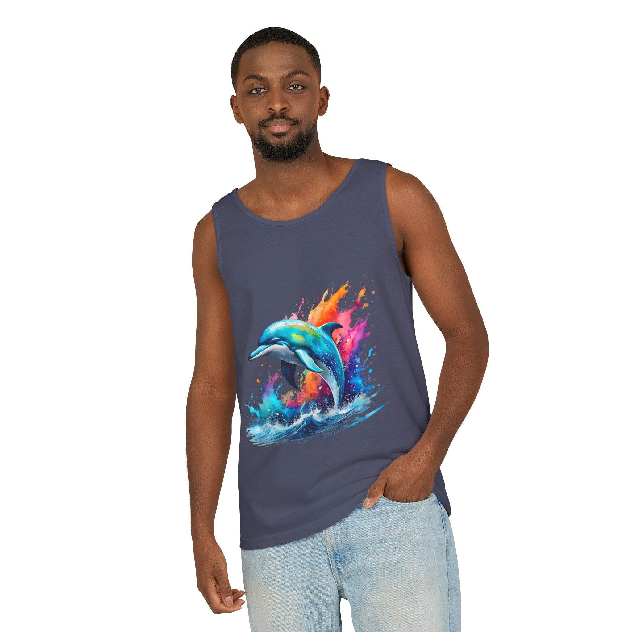 Colorful Dolphin Black Tank Top – Unisex Garment-Dyed Comfort