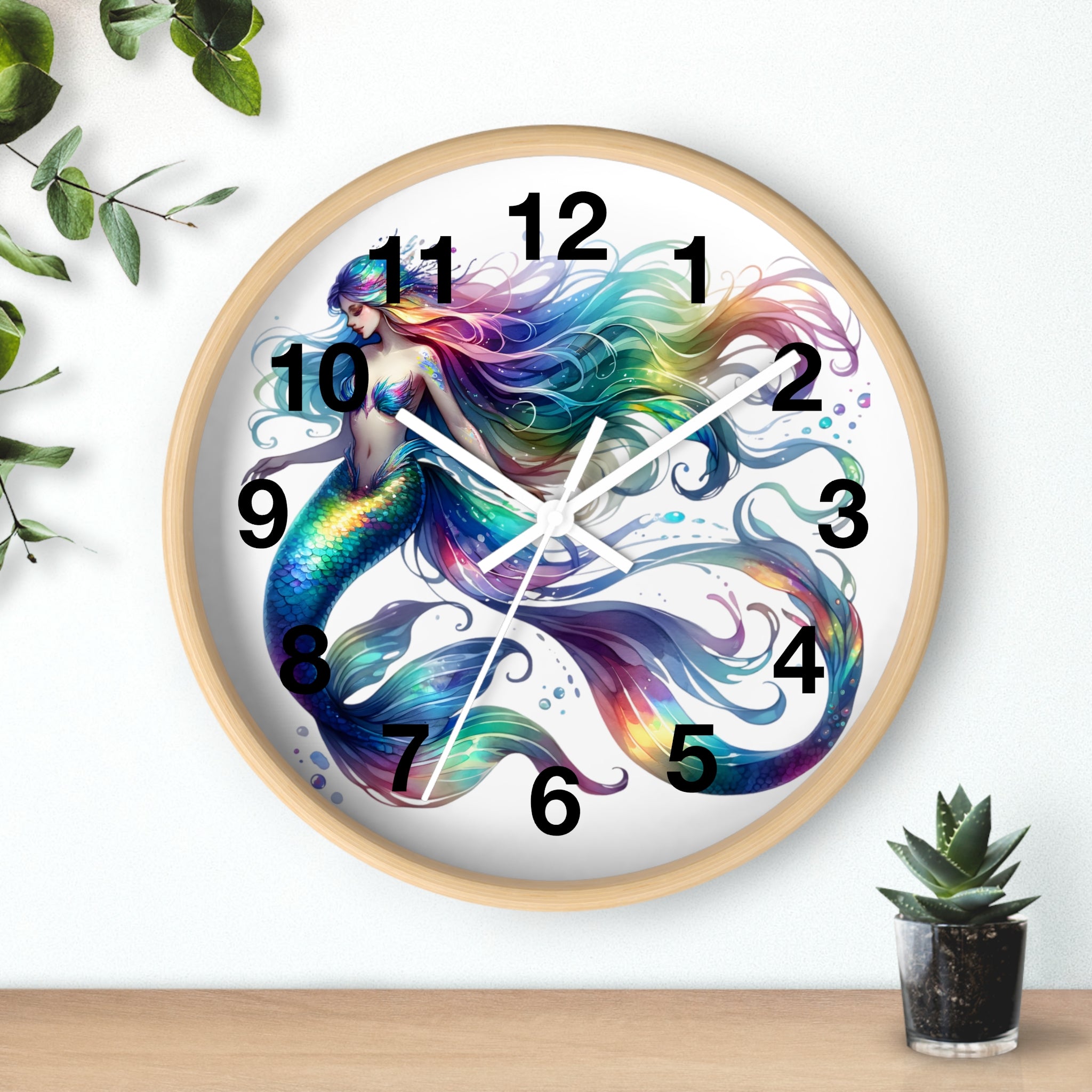 Rainbow Mermaid Wall Clock – Elegant Wood & Plexiglass Design