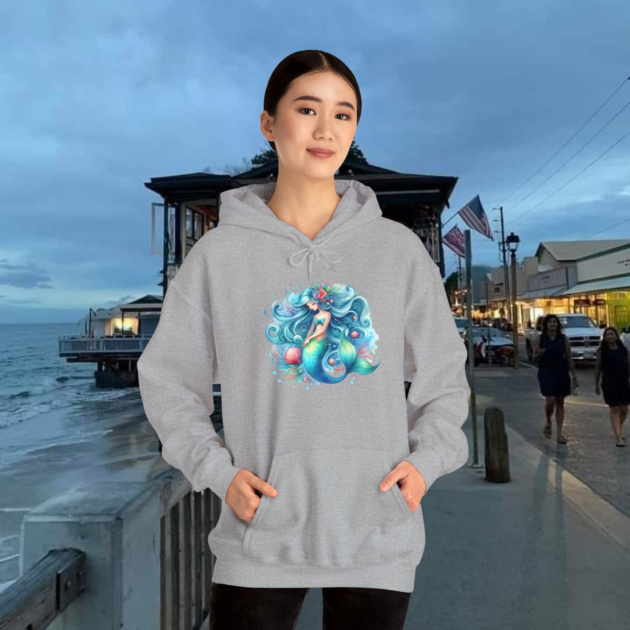 Blue Sleepy Mermaid Hooded Sweatshirt Unisex Heavy Blend