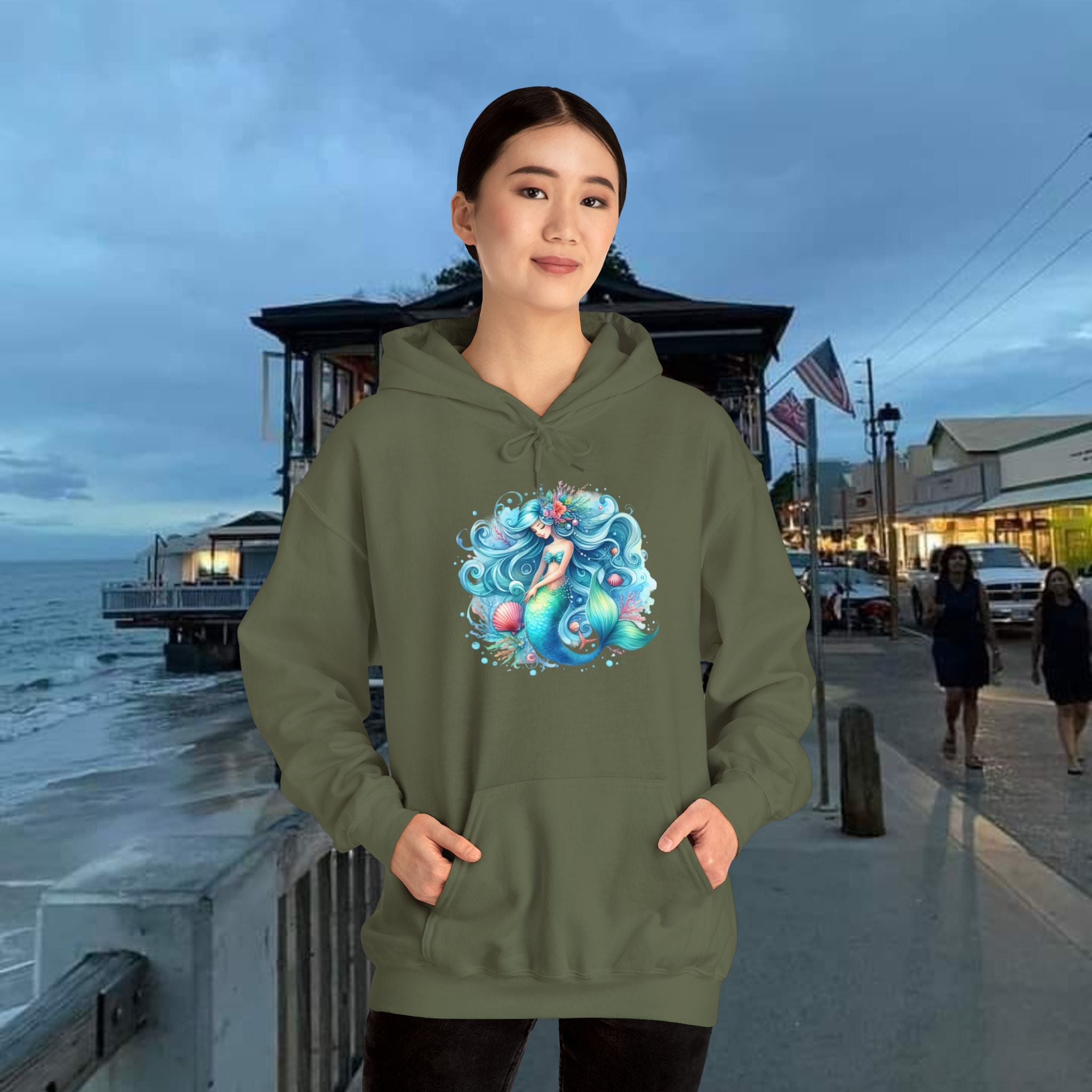 Blue Sleepy Mermaid Hooded Sweatshirt Unisex Heavy Blend