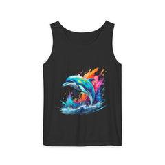 Colorful Dolphin Black Tank Top – Unisex Garment-Dyed Comfort