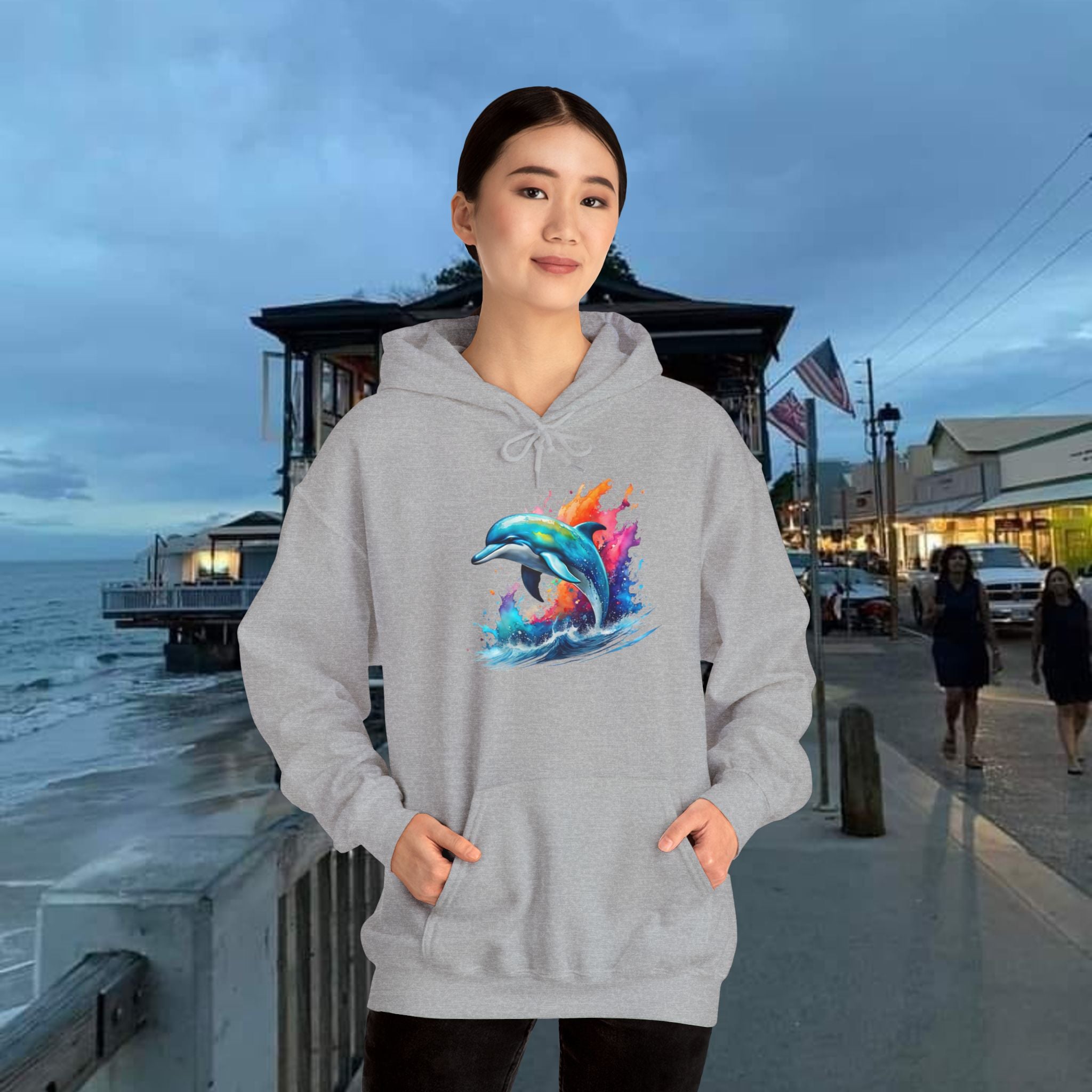 Rainbow Dolphin Hooded Sweatshirt Unisex Heavy Blend