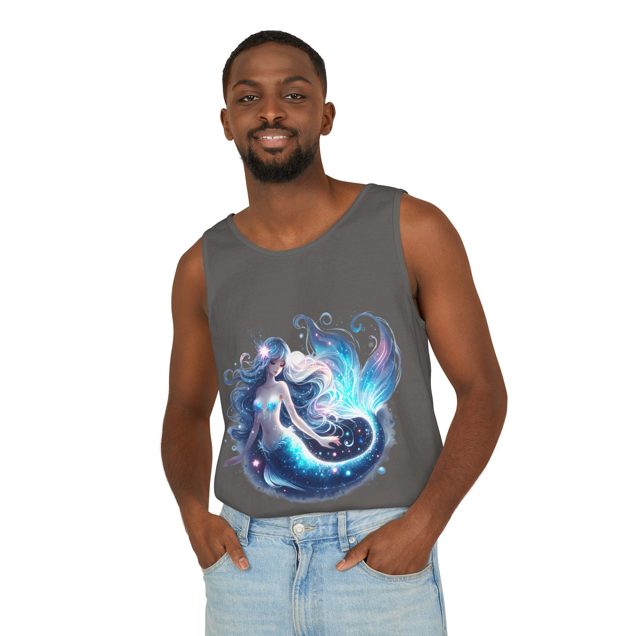 Blue Mermaid Black Tank Top – Unisex Garment-Dyed Comfort