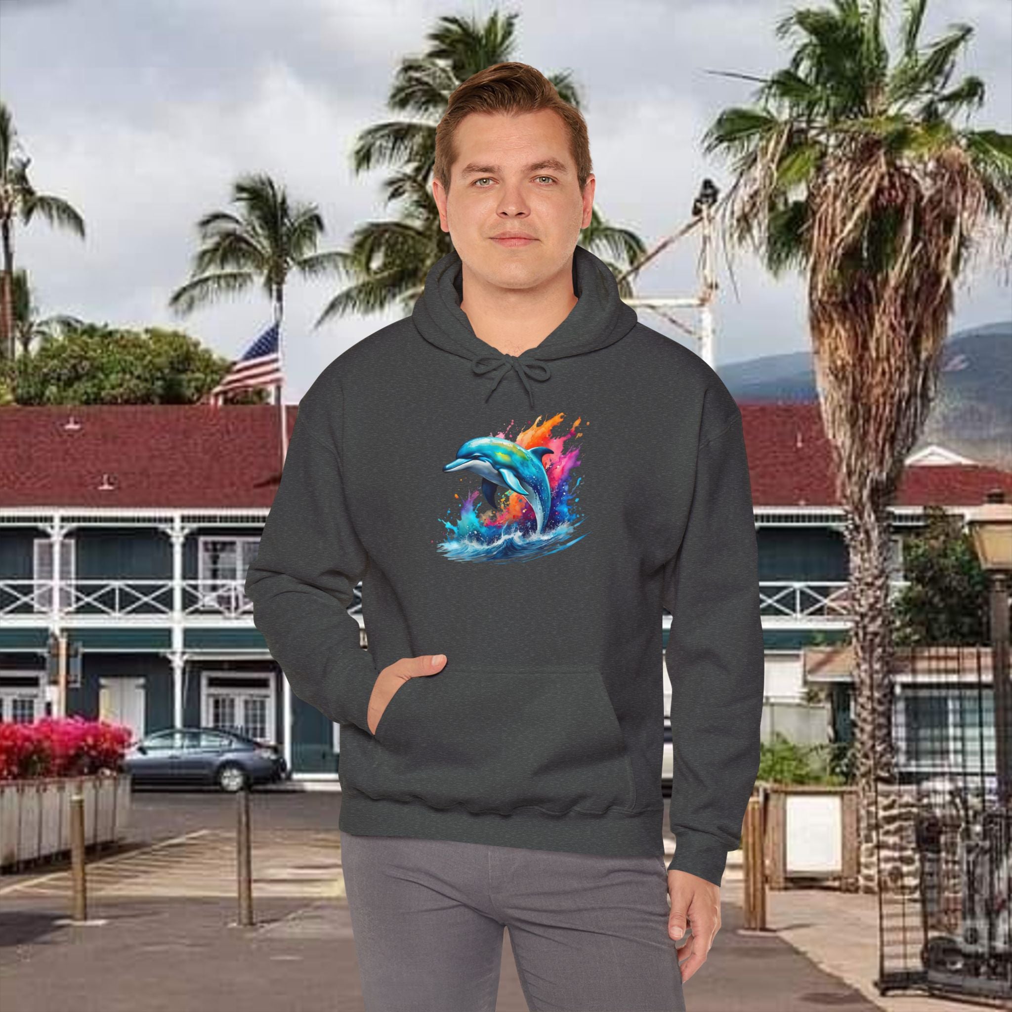 Rainbow Dolphin Hooded Sweatshirt Unisex Heavy Blend