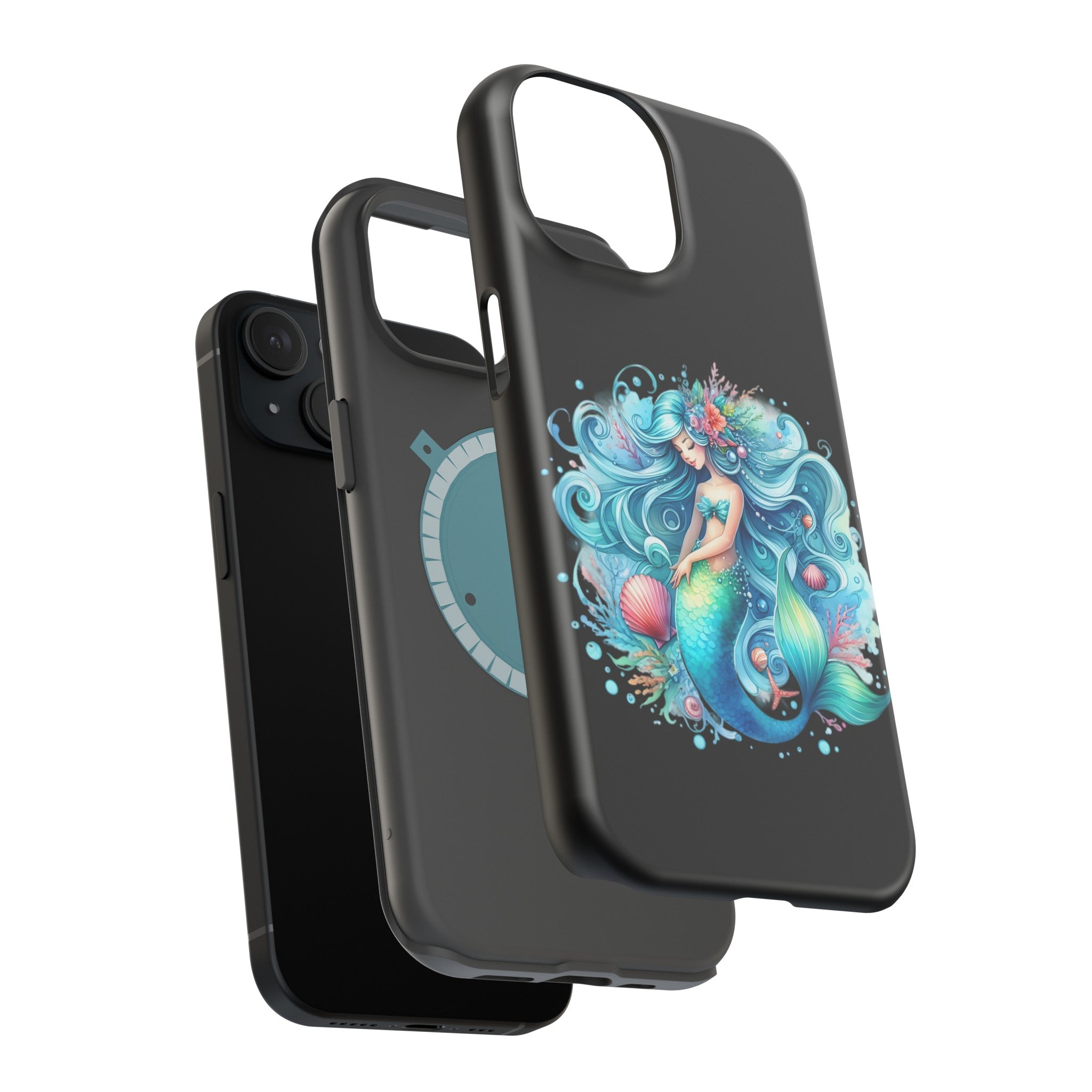 Sleepy Mermaid & Shells Black Phone Case – Matte or Glossy Finish