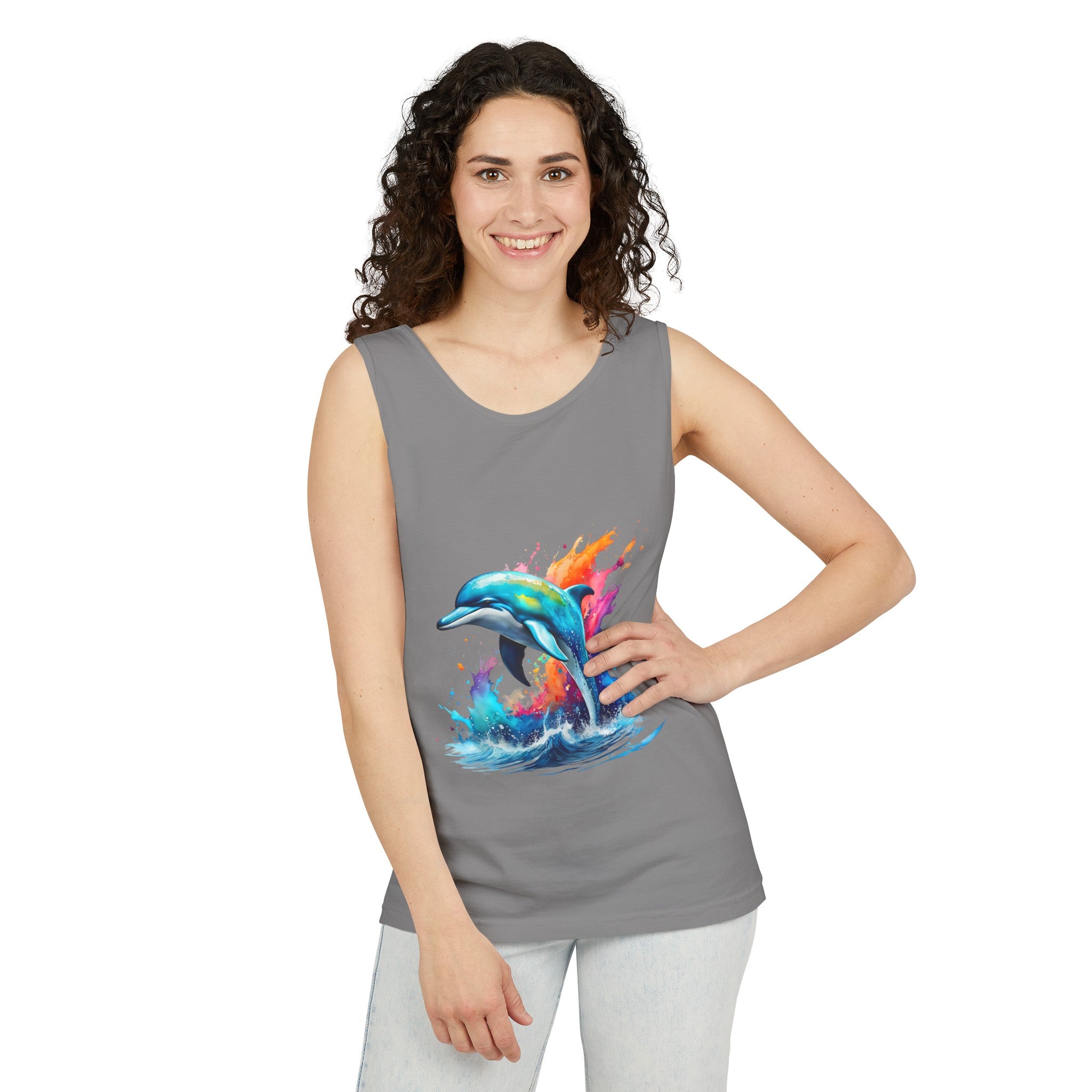 Colorful Dolphin Black Tank Top – Unisex Garment-Dyed Comfort