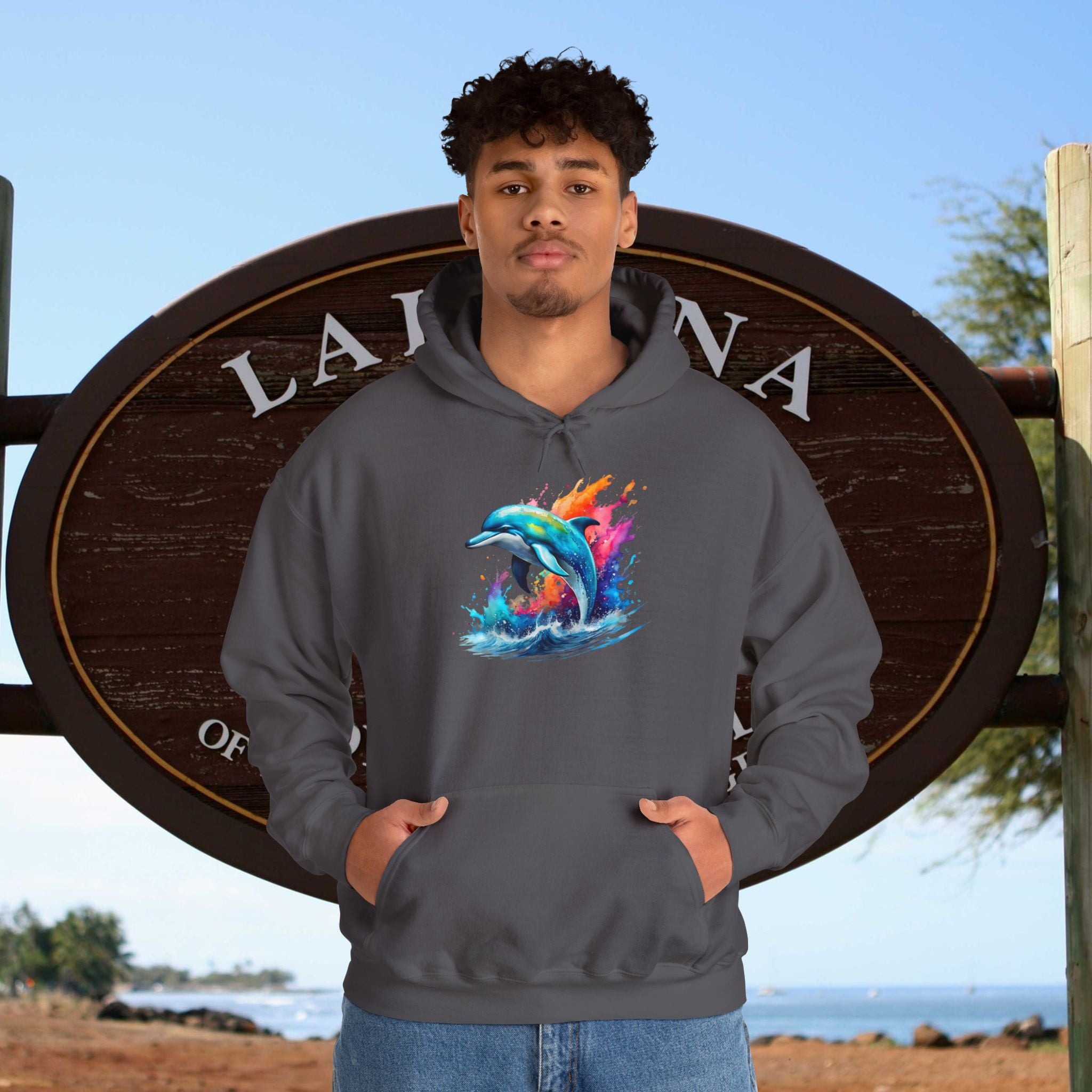 Rainbow Dolphin Hooded Sweatshirt Unisex Heavy Blend