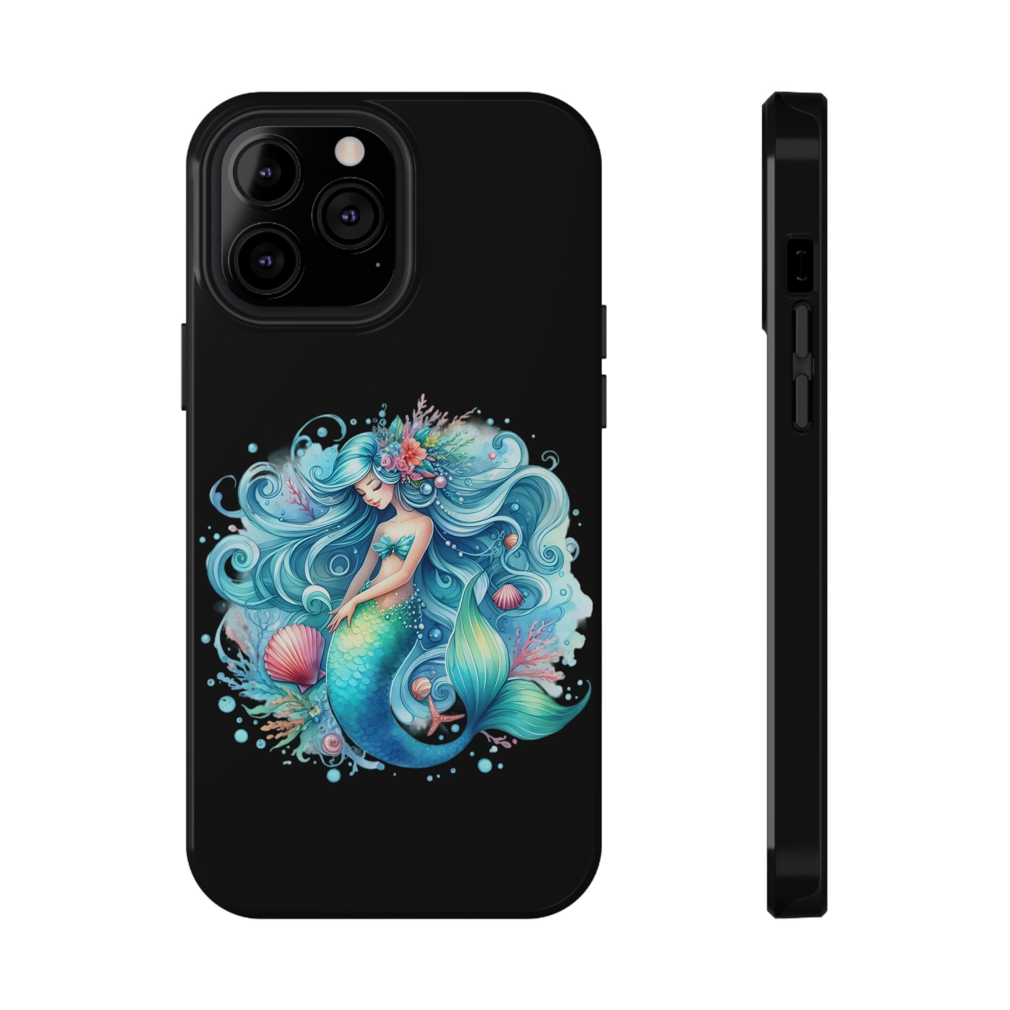 Sleepy Mermaid & Shells Black Phone Case – Matte or Glossy Finish