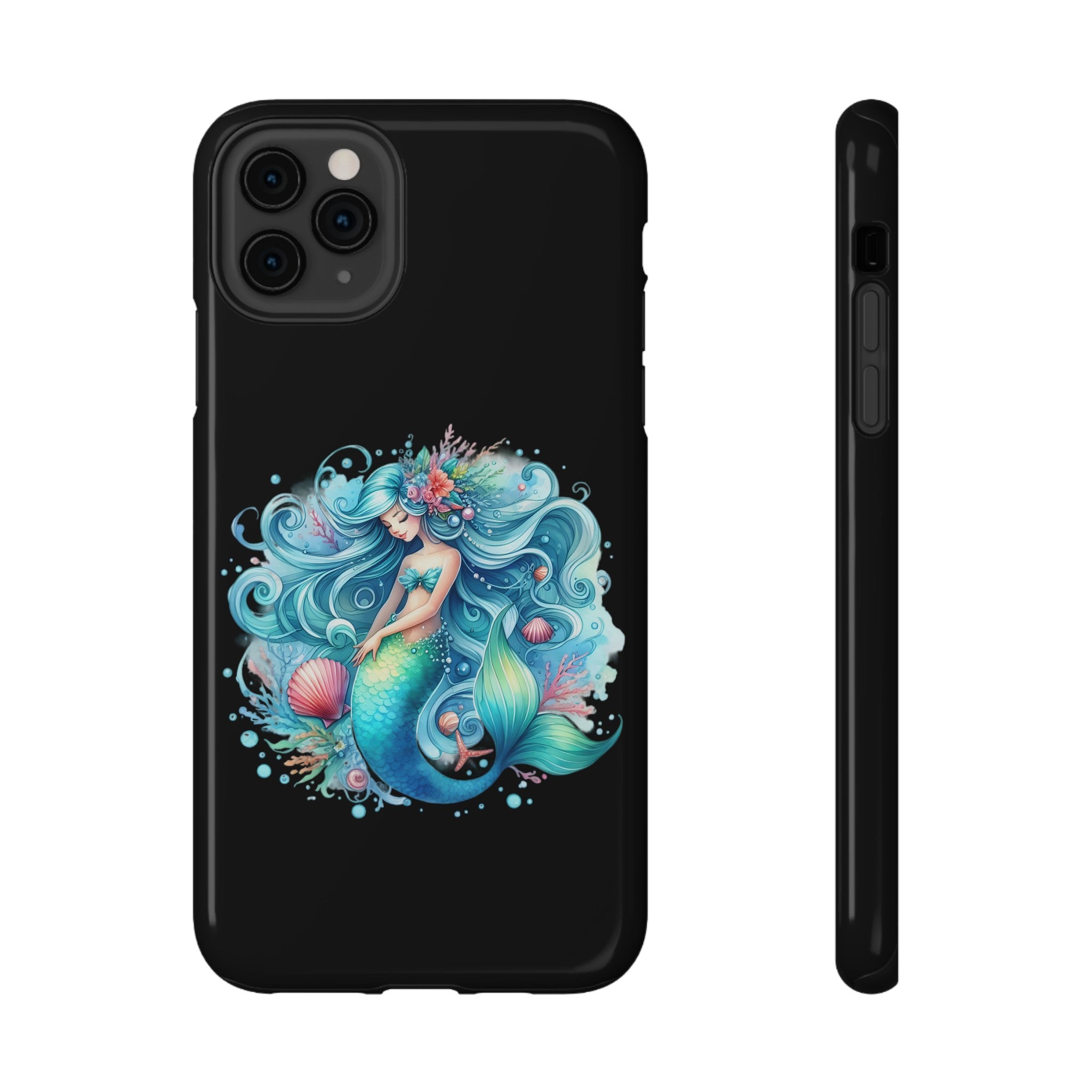 Sleepy Mermaid & Shells Black Phone Case – Matte or Glossy Finish