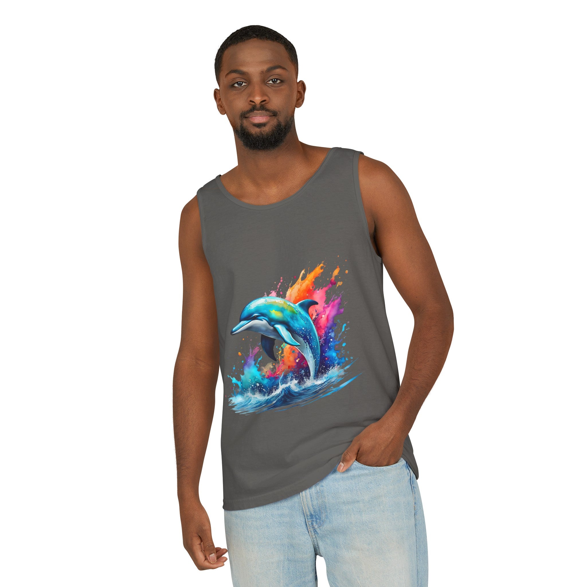 Colorful Dolphin Black Tank Top – Unisex Garment-Dyed Comfort