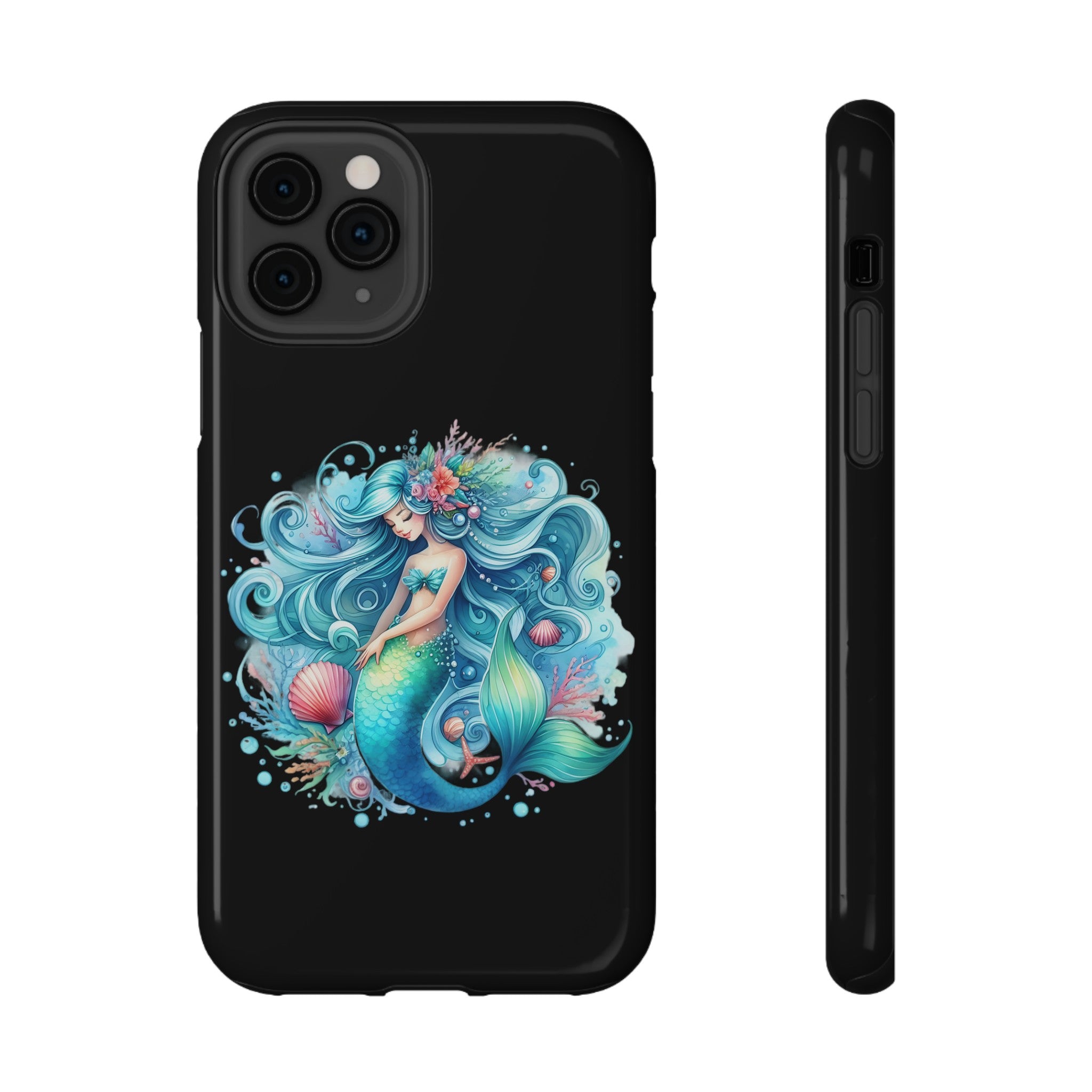 Sleepy Mermaid & Shells Black Phone Case – Matte or Glossy Finish