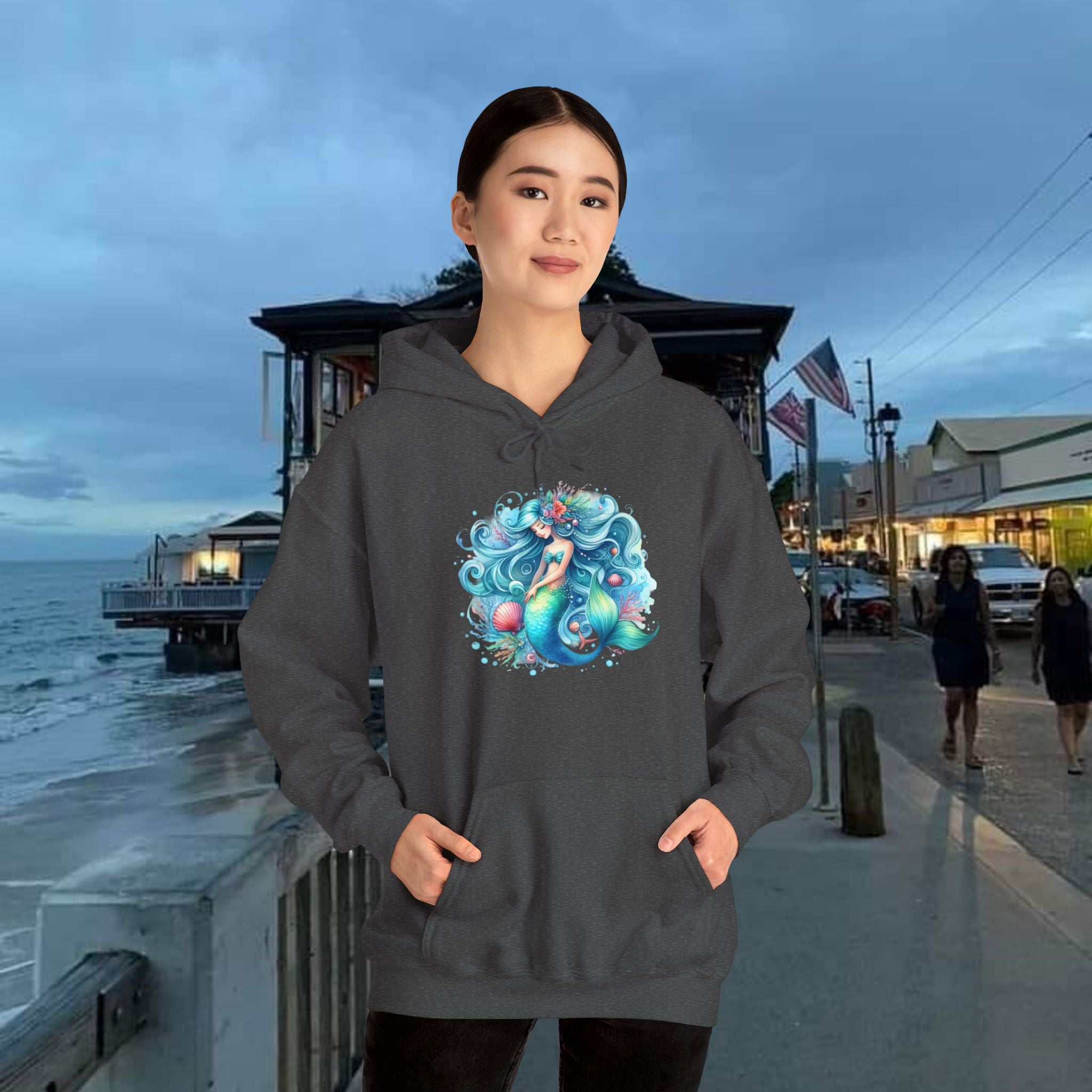 Blue Sleepy Mermaid Hooded Sweatshirt Unisex Heavy Blend