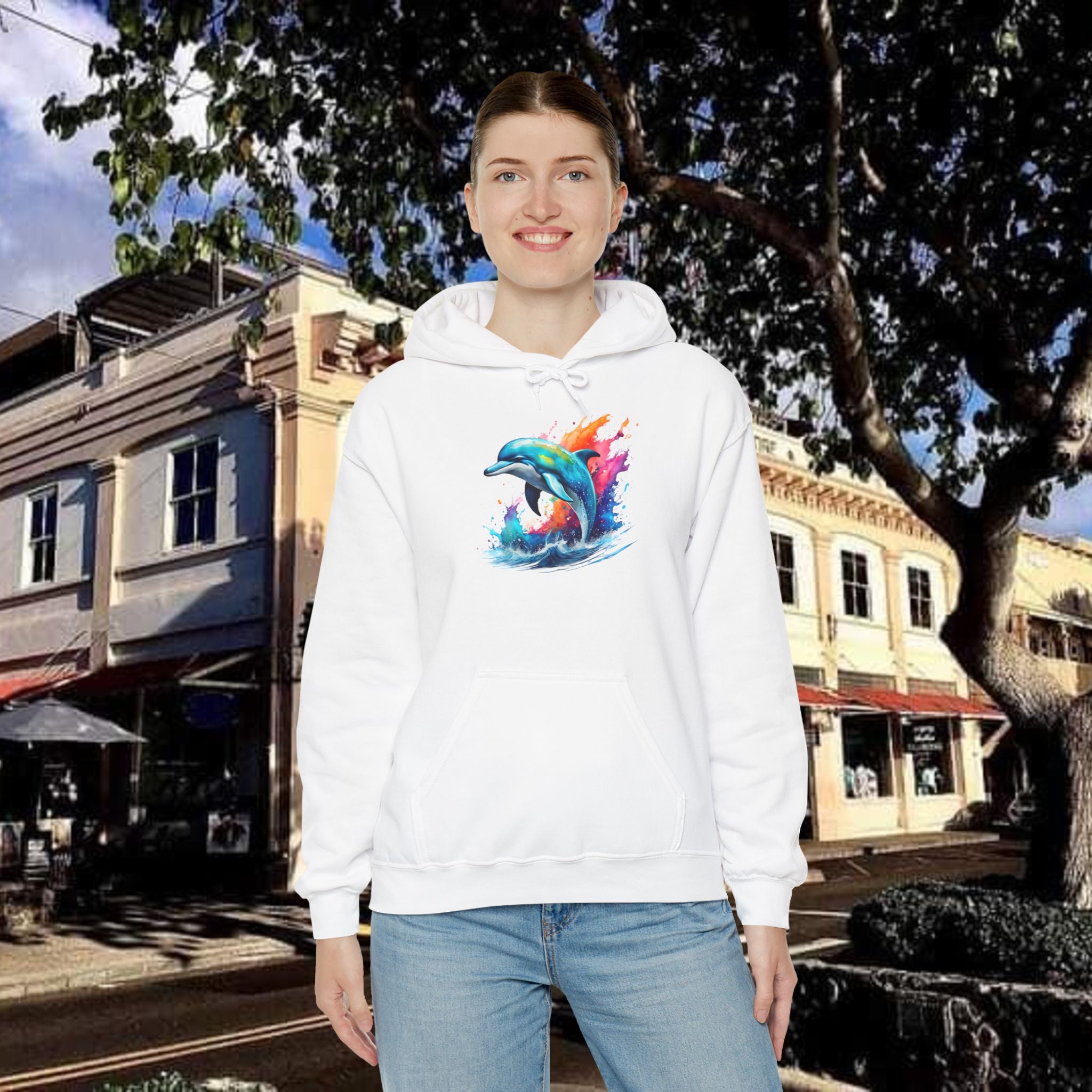 Rainbow Dolphin Hooded Sweatshirt Unisex Heavy Blend