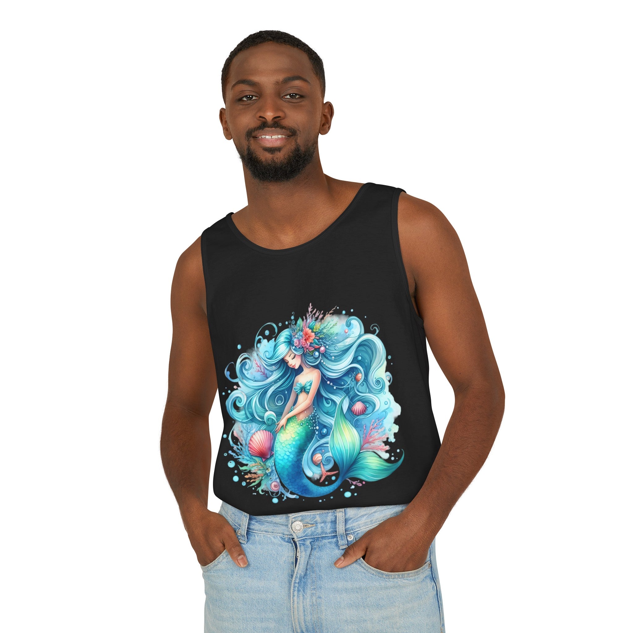 Sleeping Mermaid Black Tank Top – Unisex Garment-Dyed Comfort