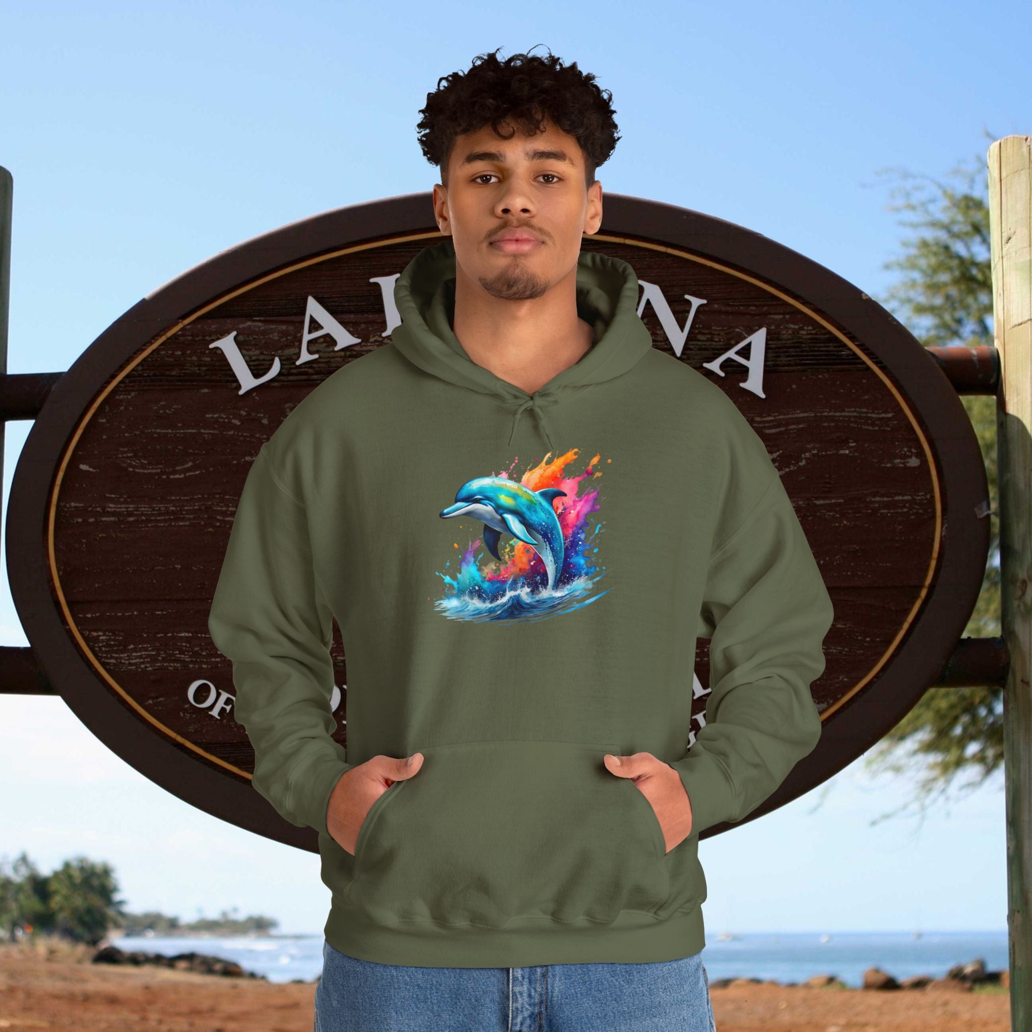 Rainbow Dolphin Hooded Sweatshirt Unisex Heavy Blend