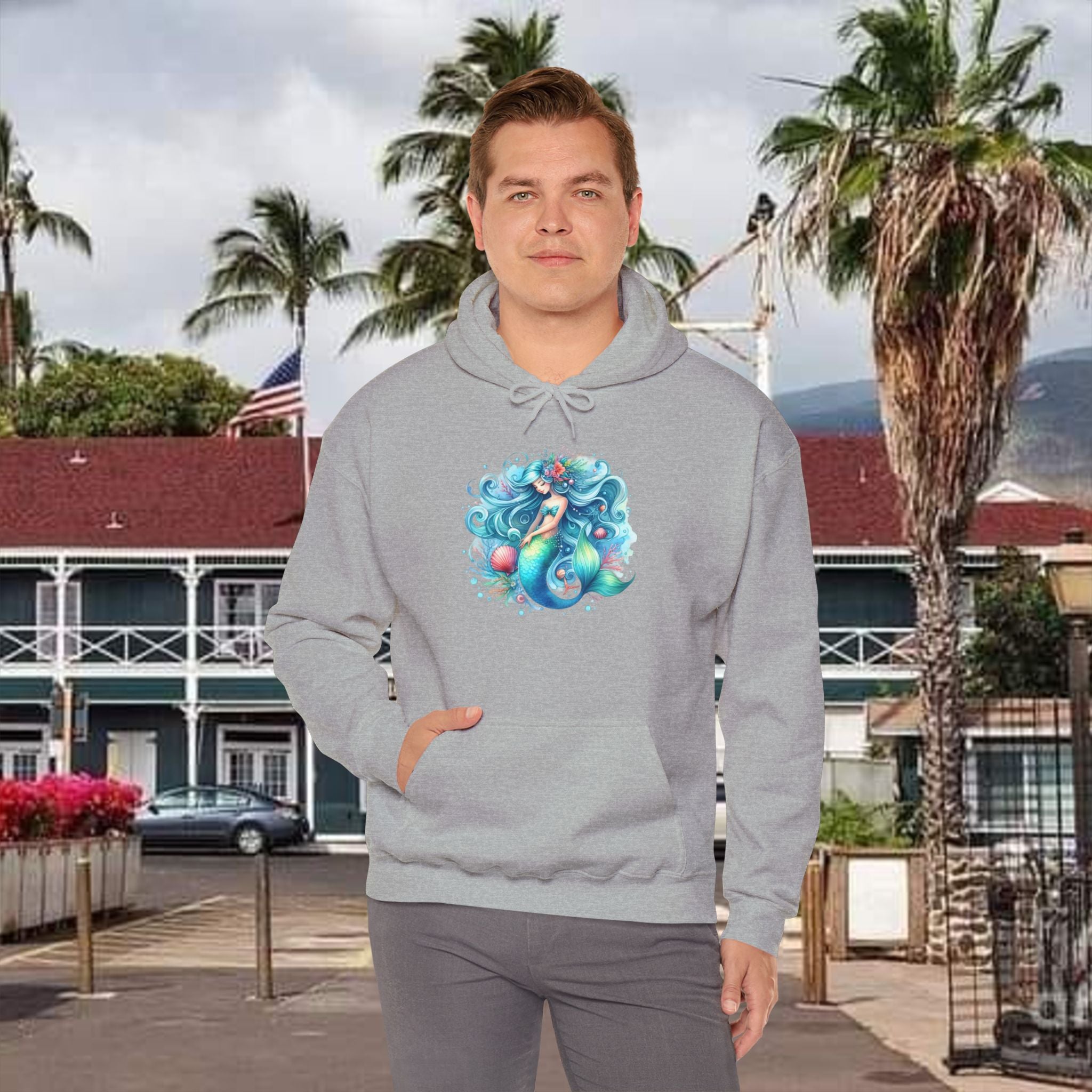 Blue Sleepy Mermaid Hooded Sweatshirt Unisex Heavy Blend