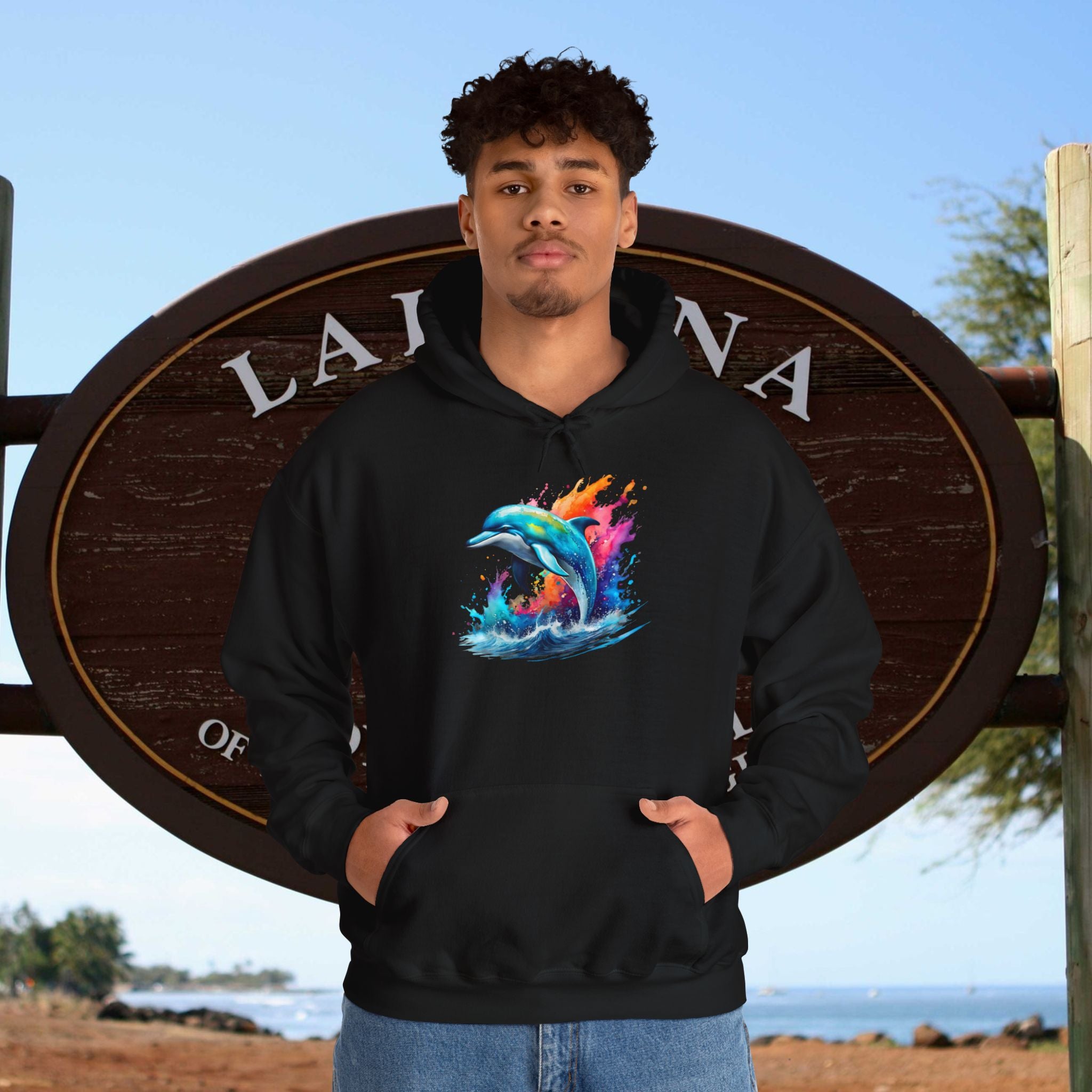 Rainbow Dolphin Hooded Sweatshirt Unisex Heavy Blend