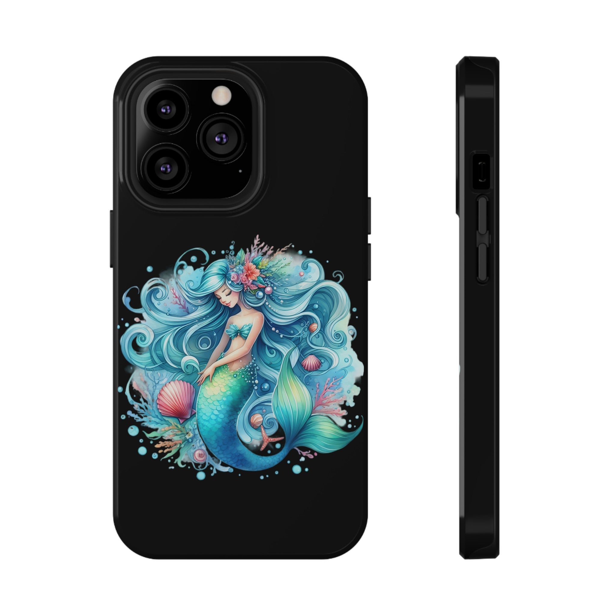 Sleepy Mermaid & Shells Black Phone Case – Matte or Glossy Finish