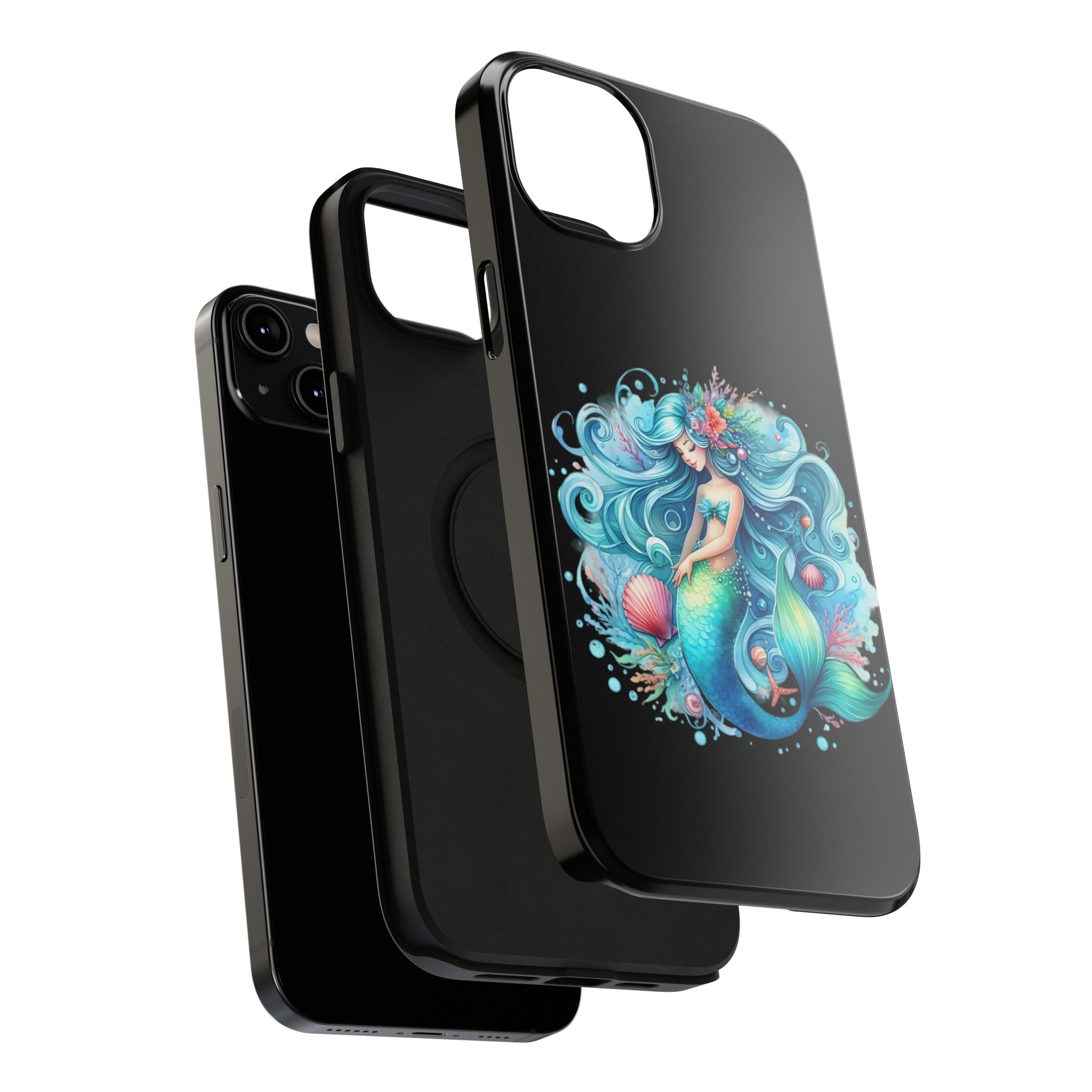 Sleepy Mermaid & Shells Black Phone Case – Matte or Glossy Finish