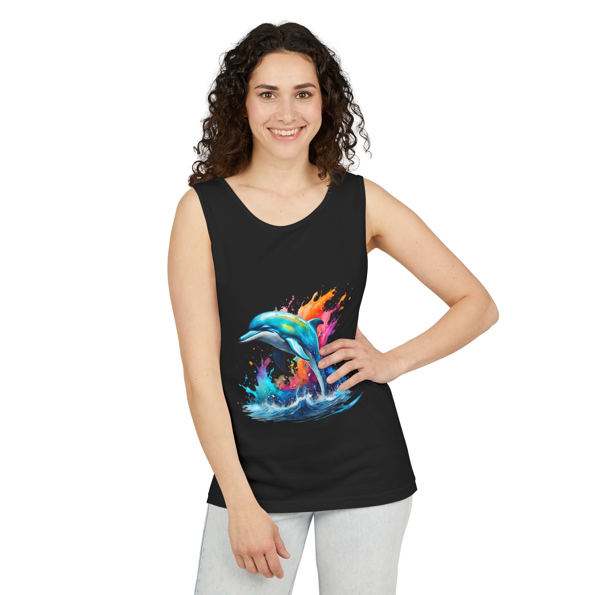 Colorful Dolphin Black Tank Top – Unisex Garment-Dyed Comfort