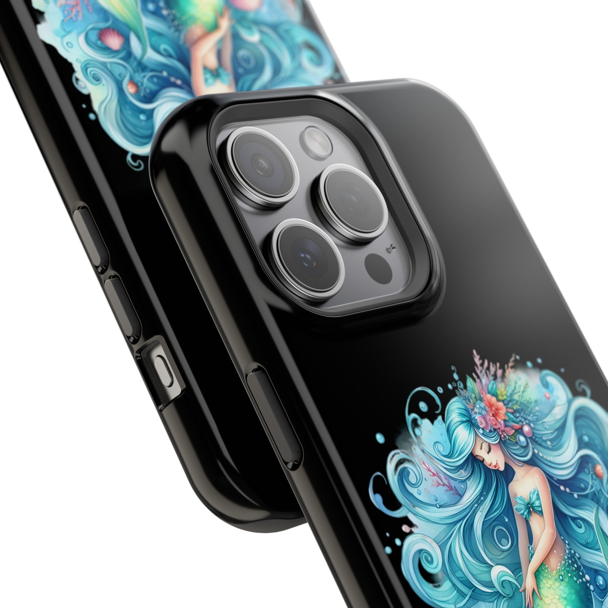 Sleepy Mermaid & Shells Black Phone Case – Matte or Glossy Finish