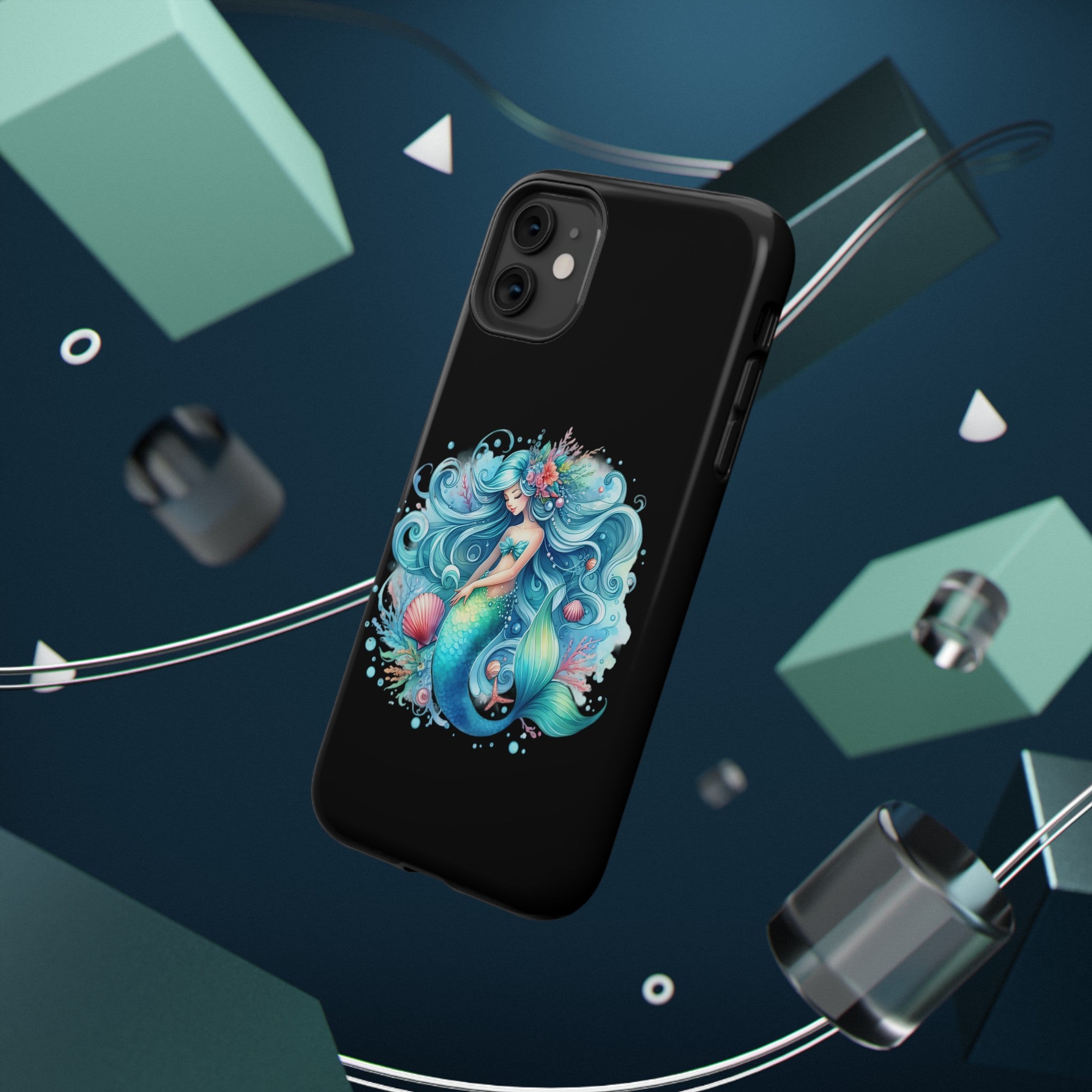 Sleepy Mermaid & Shells Black Phone Case – Matte or Glossy Finish