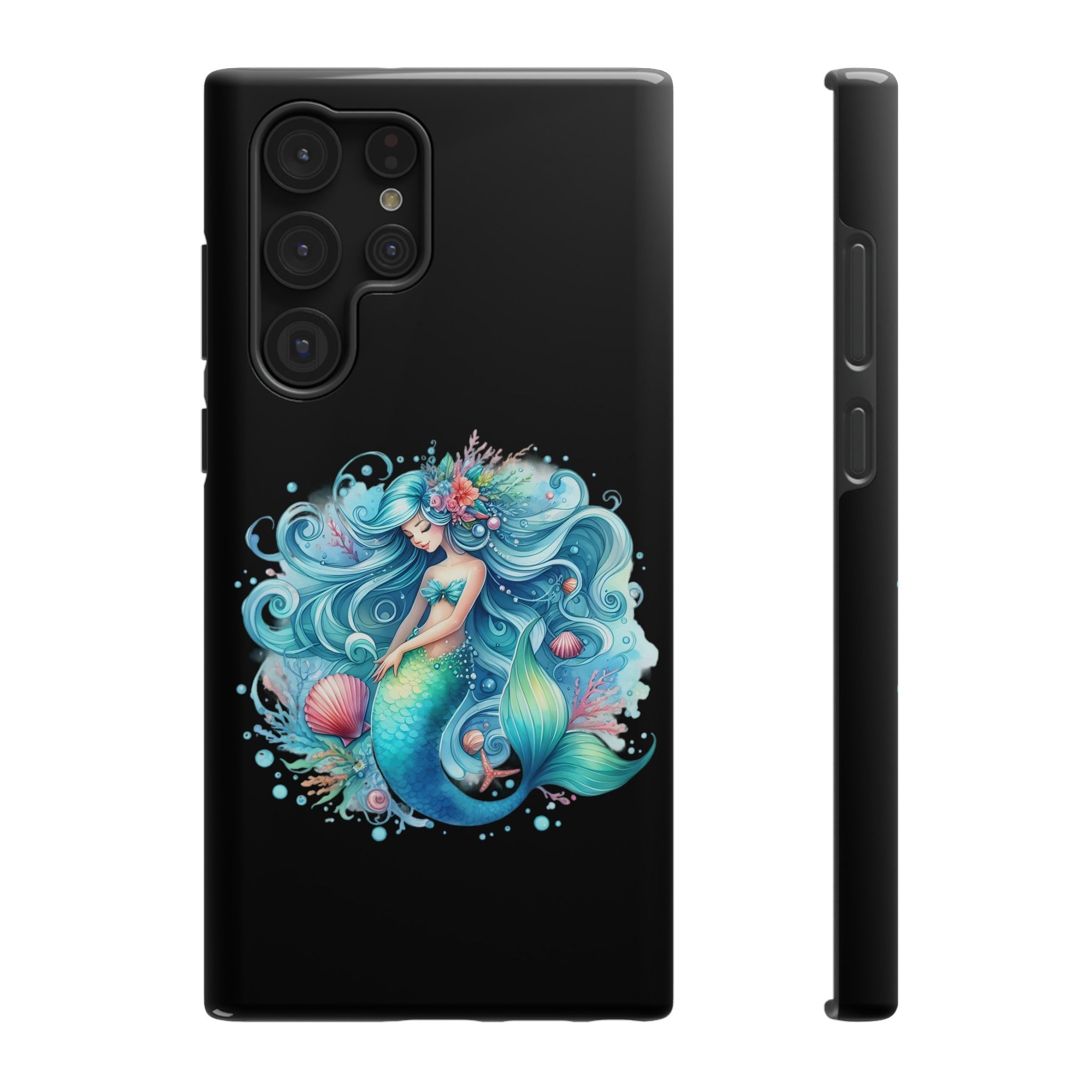 Sleepy Mermaid & Shells Black Phone Case – Matte or Glossy Finish