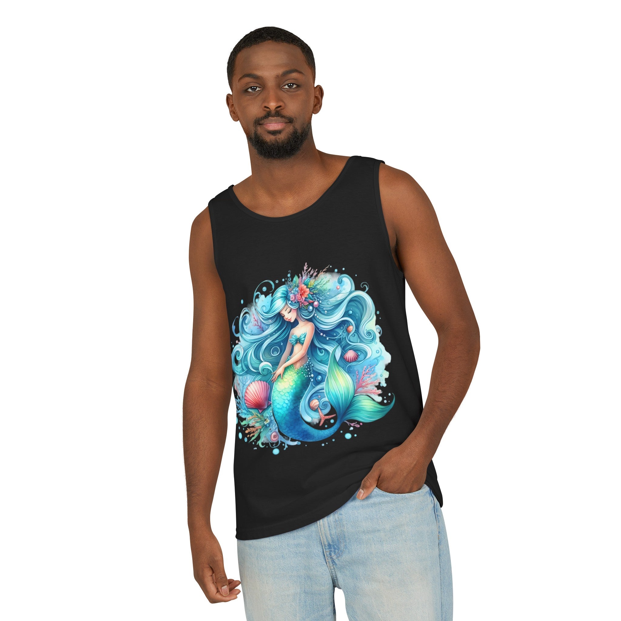 Sleeping Mermaid Black Tank Top – Unisex Garment-Dyed Comfort