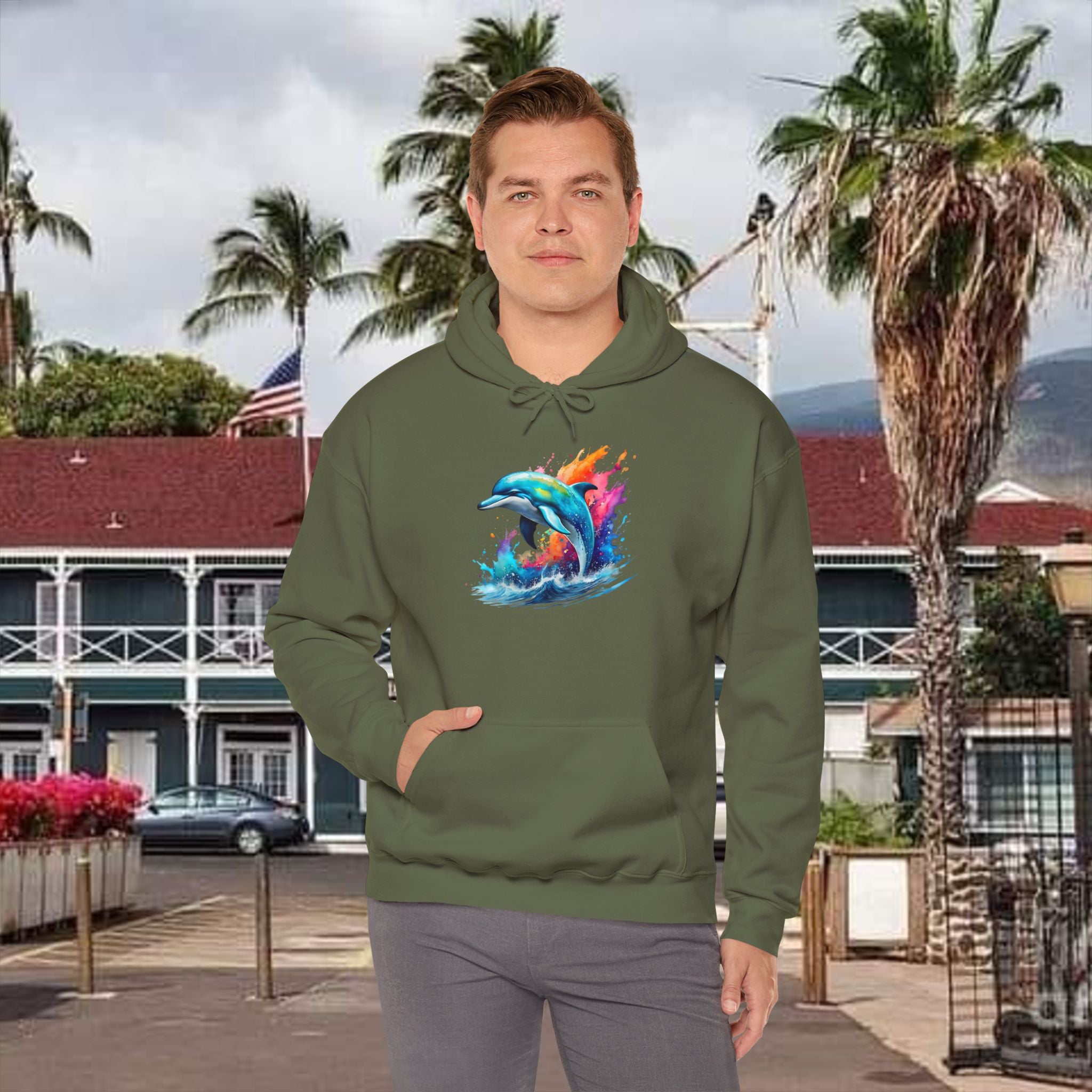 Rainbow Dolphin Hooded Sweatshirt Unisex Heavy Blend