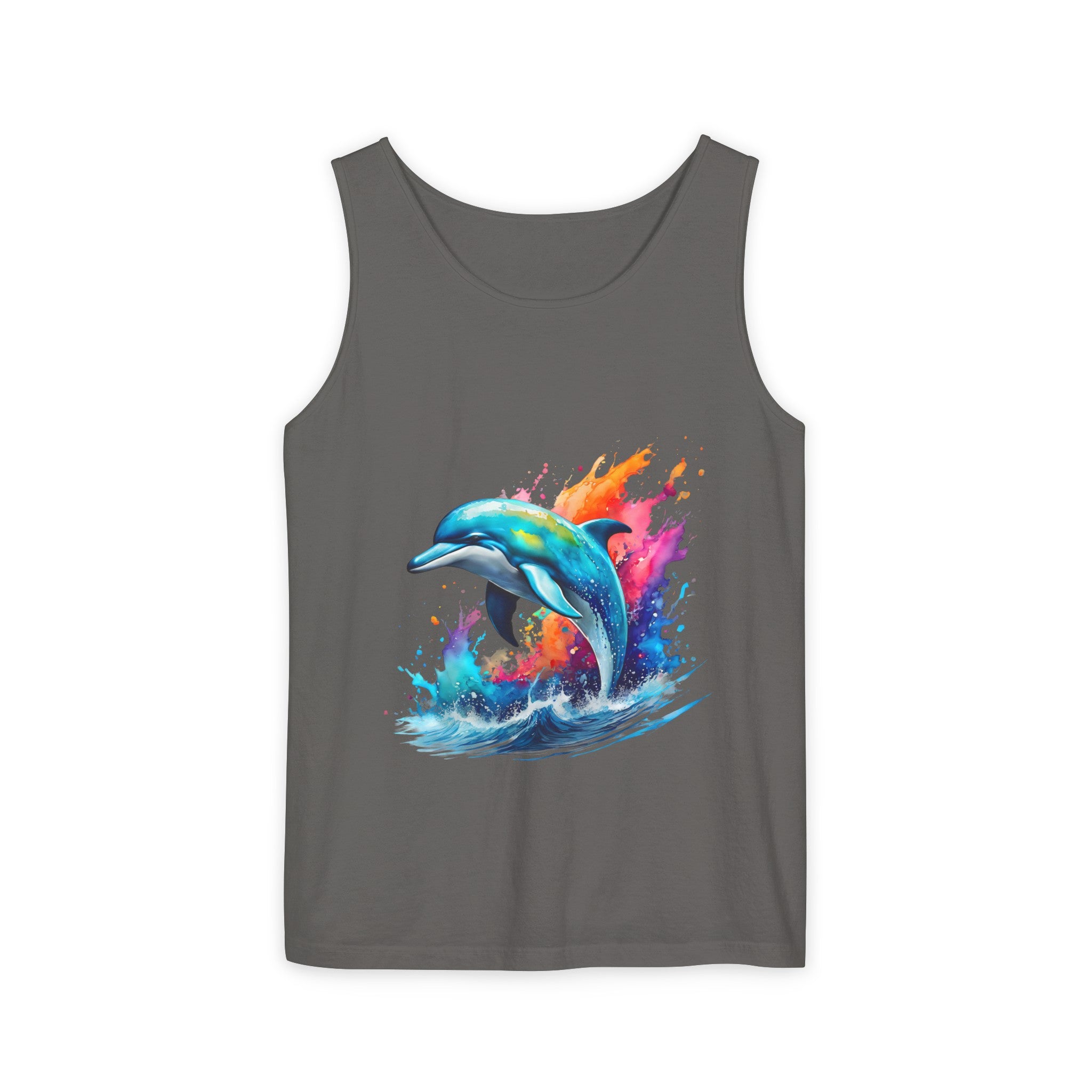 Colorful Dolphin Black Tank Top – Unisex Garment-Dyed Comfort