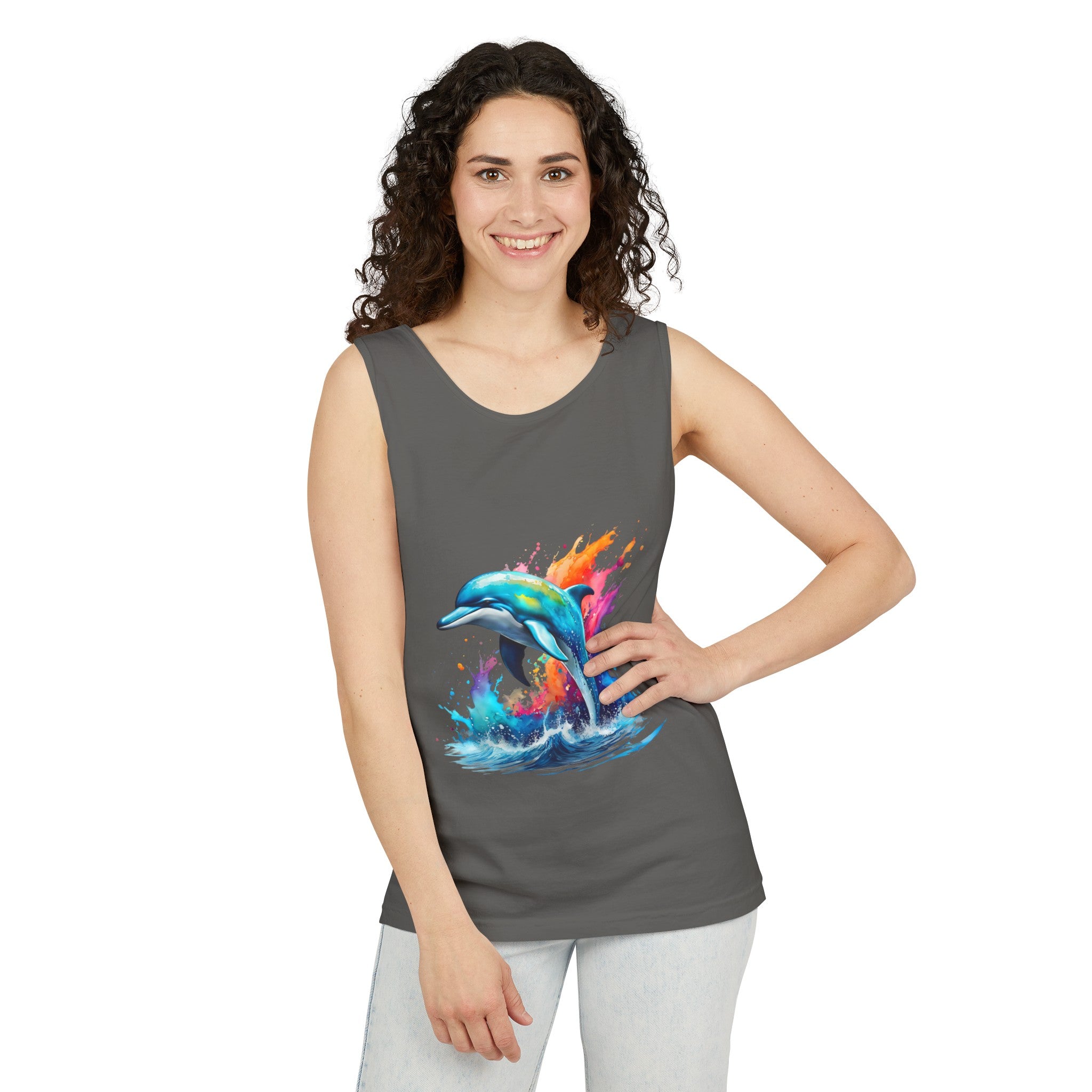 Colorful Dolphin Black Tank Top – Unisex Garment-Dyed Comfort