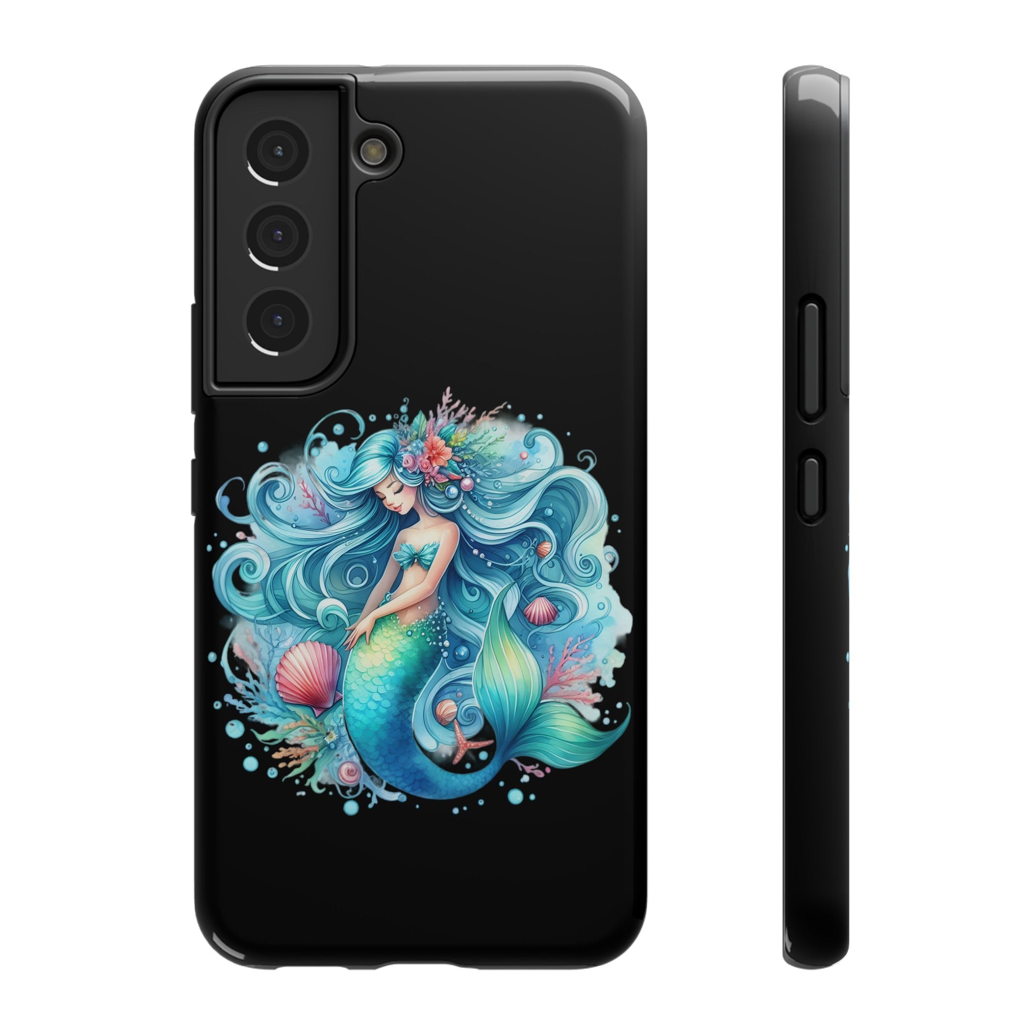 Sleepy Mermaid & Shells Black Phone Case – Matte or Glossy Finish