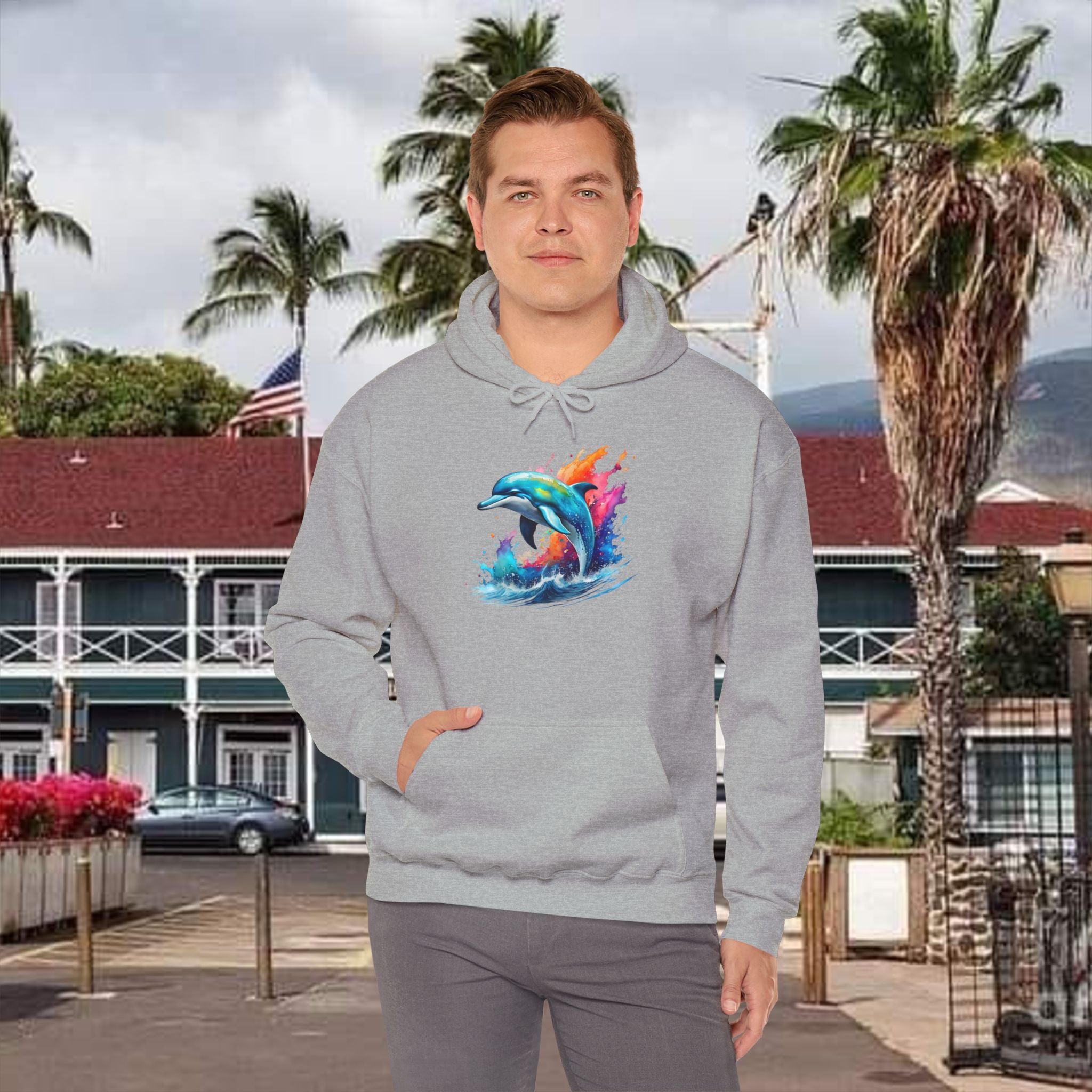 Rainbow Dolphin Hooded Sweatshirt Unisex Heavy Blend