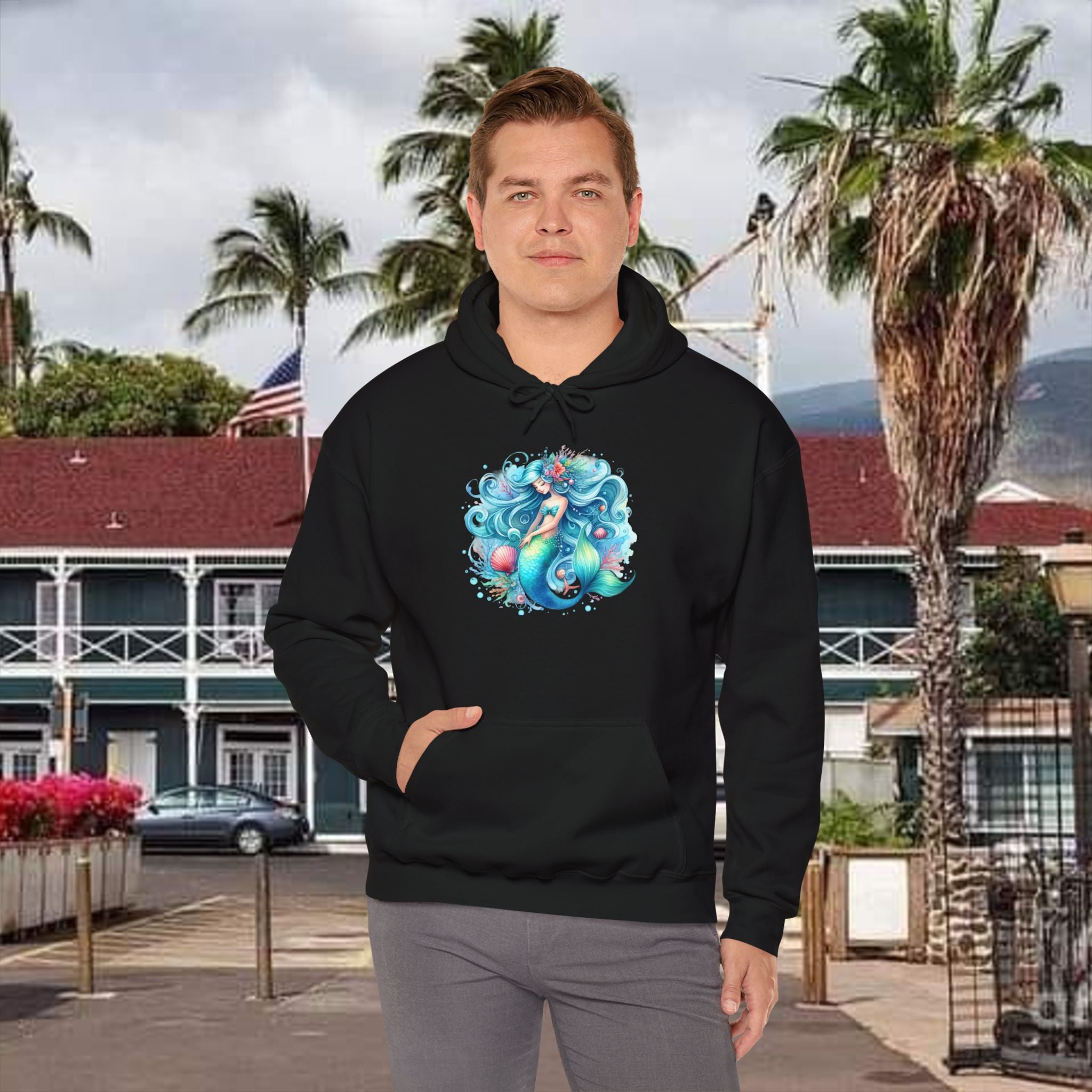 Blue Sleepy Mermaid Hooded Sweatshirt Unisex Heavy Blend