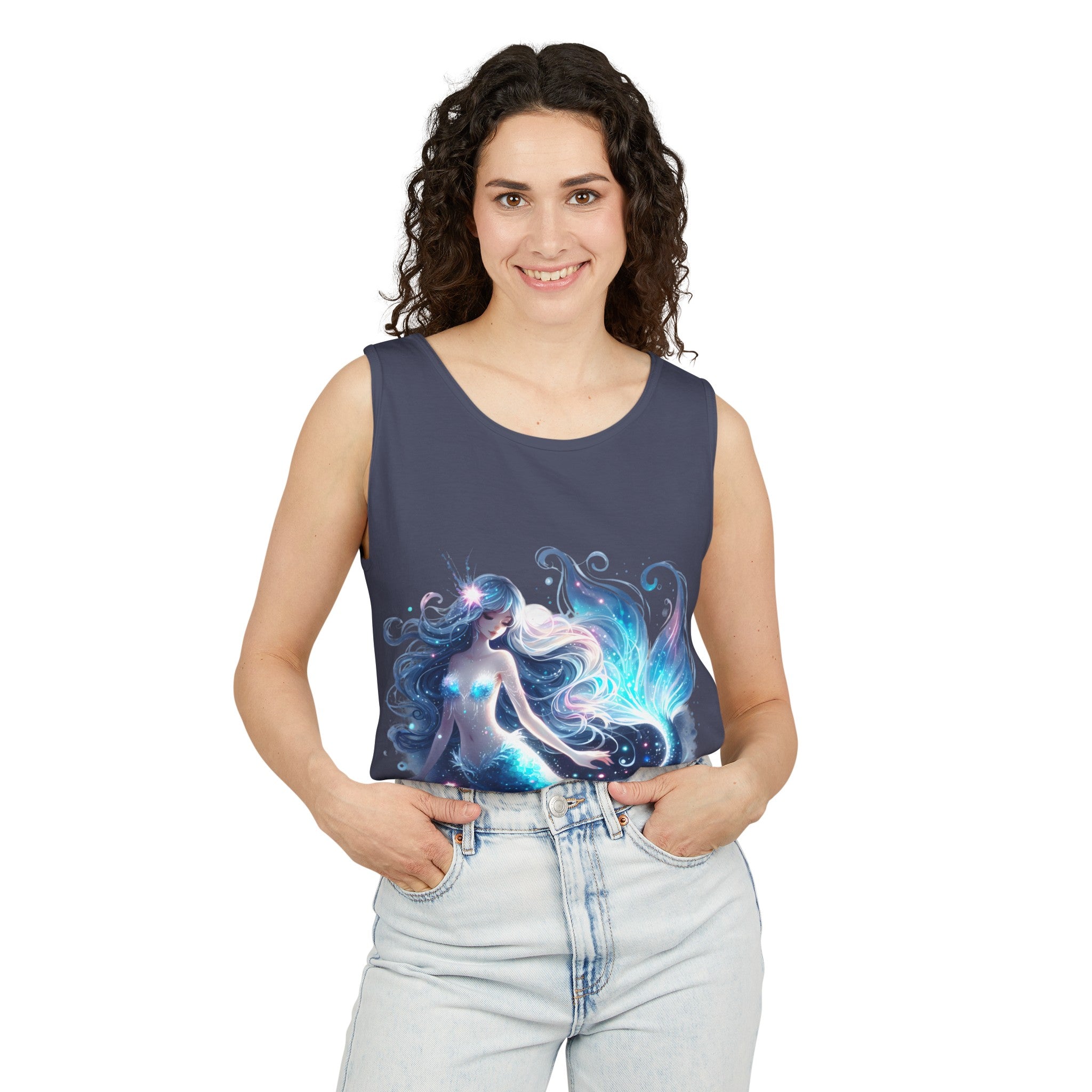 Blue Mermaid Black Tank Top – Unisex Garment-Dyed Comfort