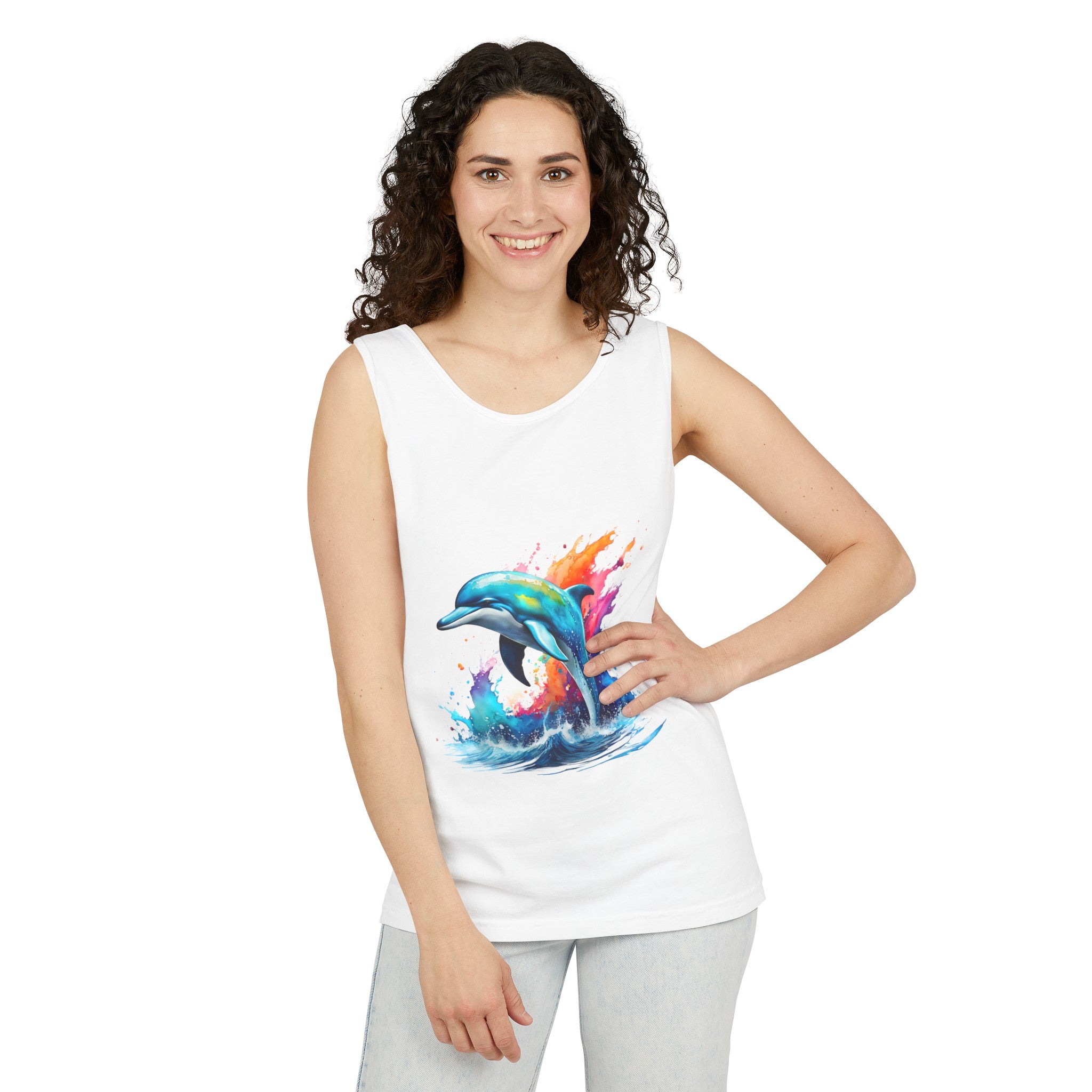 Colorful Dolphin Black Tank Top – Unisex Garment-Dyed Comfort