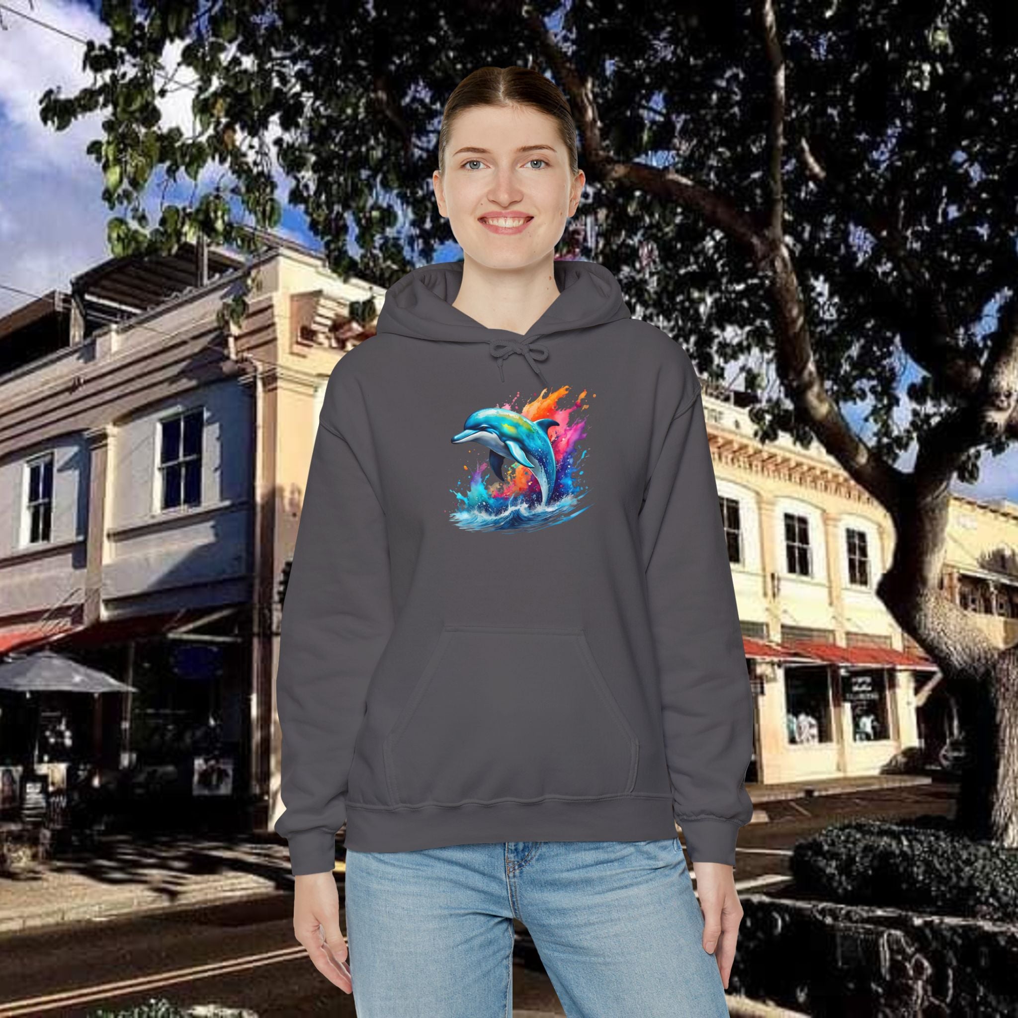 Rainbow Dolphin Hooded Sweatshirt Unisex Heavy Blend