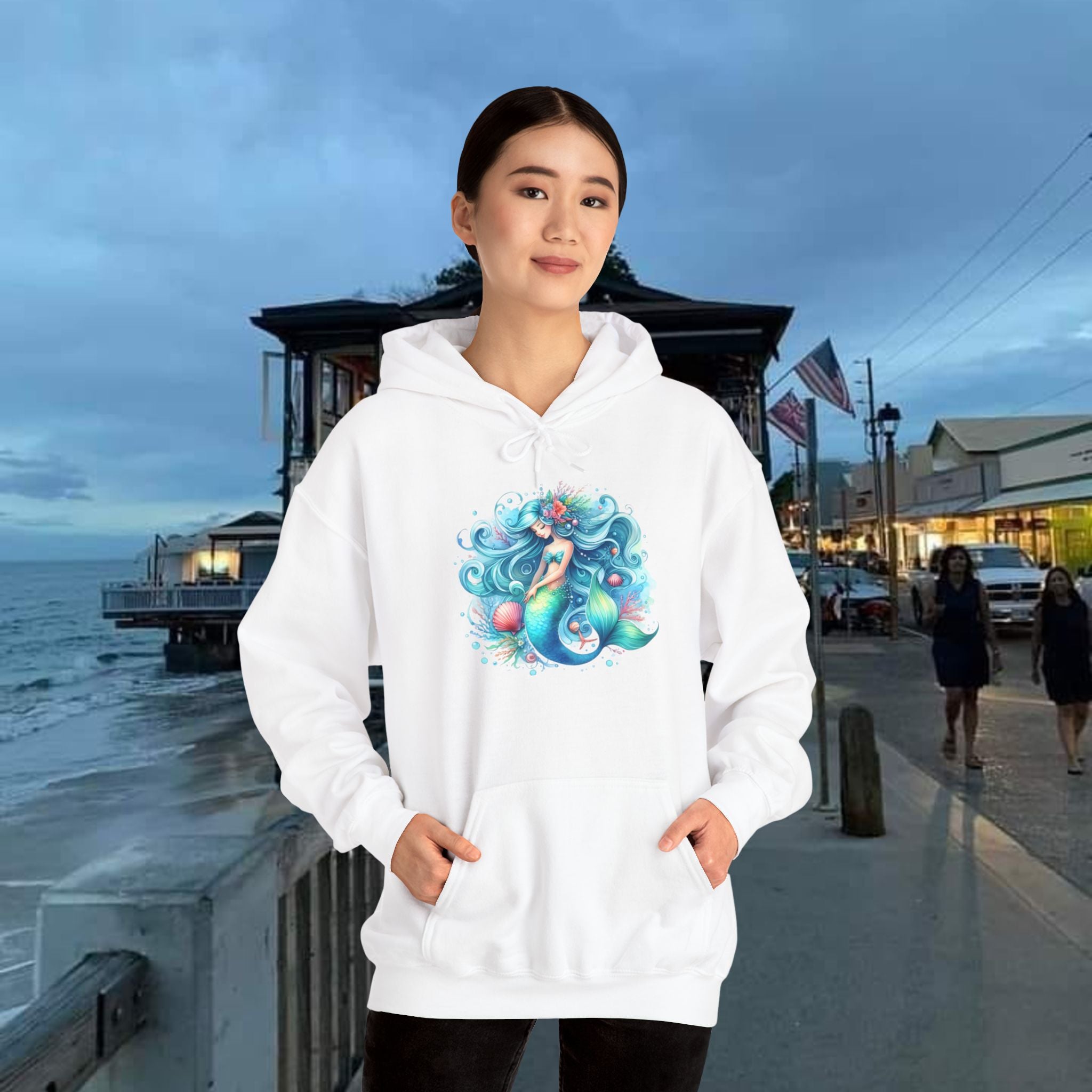 Blue Sleepy Mermaid Hooded Sweatshirt Unisex Heavy Blend