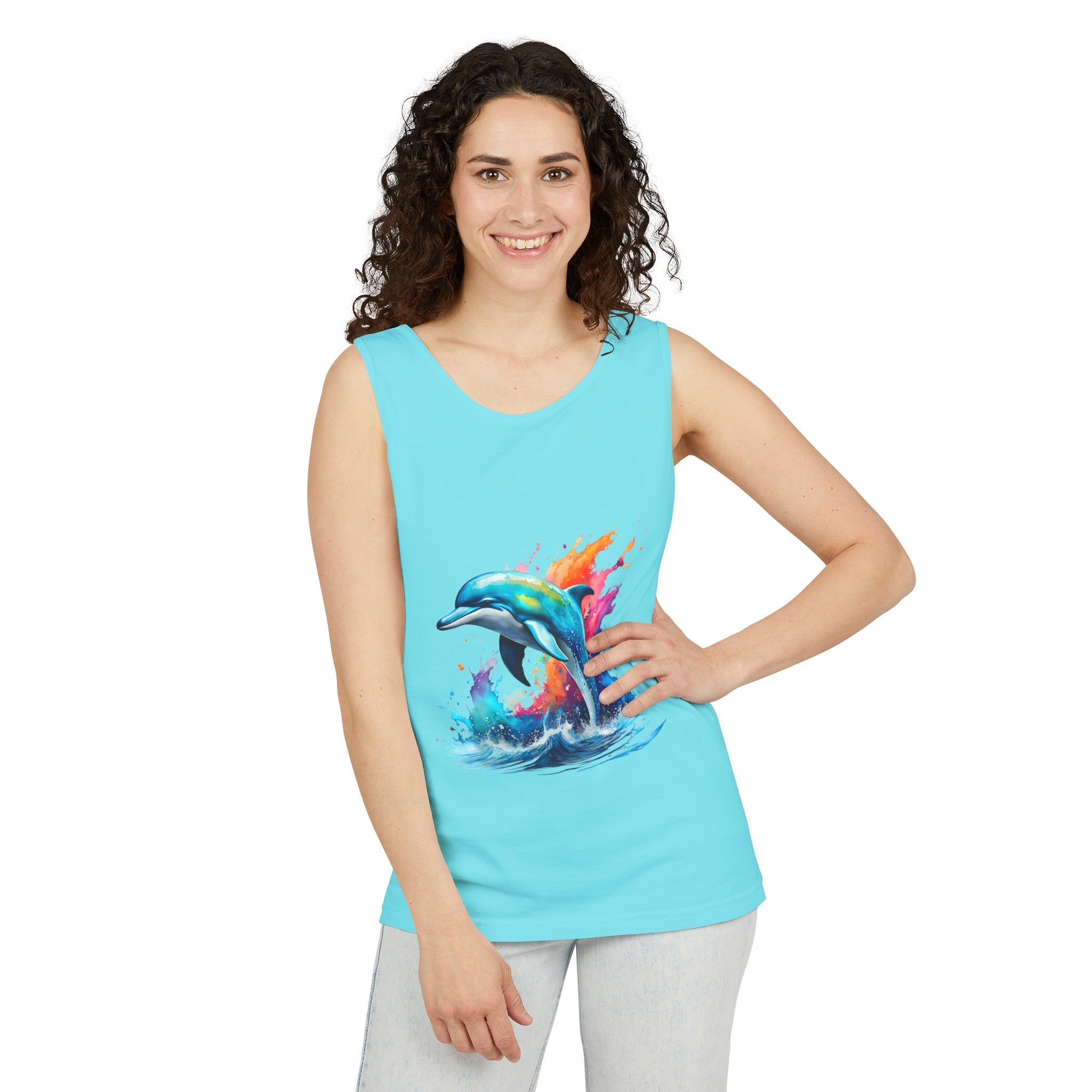 Colorful Dolphin Black Tank Top – Unisex Garment-Dyed Comfort