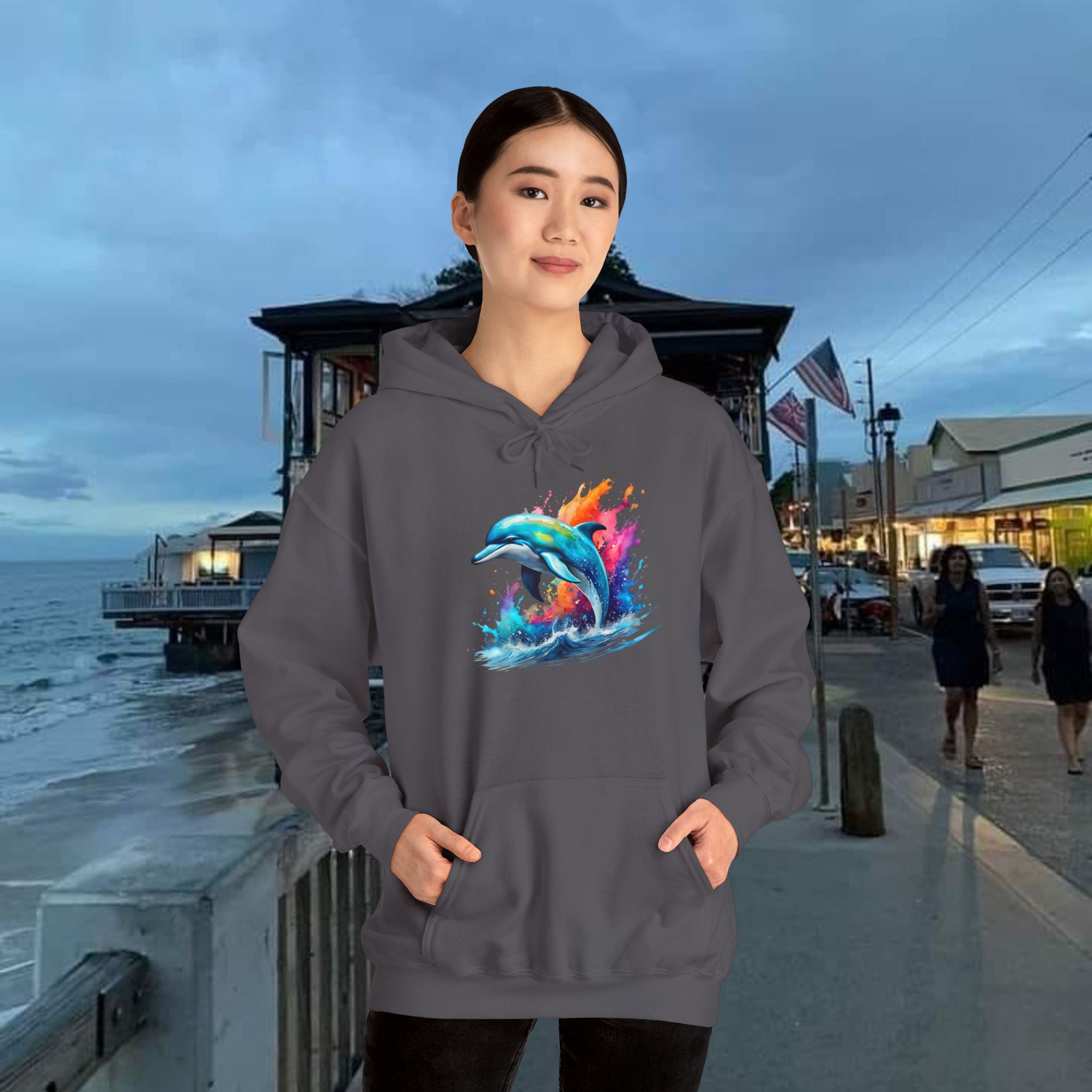 Rainbow Dolphin Hooded Sweatshirt Unisex Heavy Blend