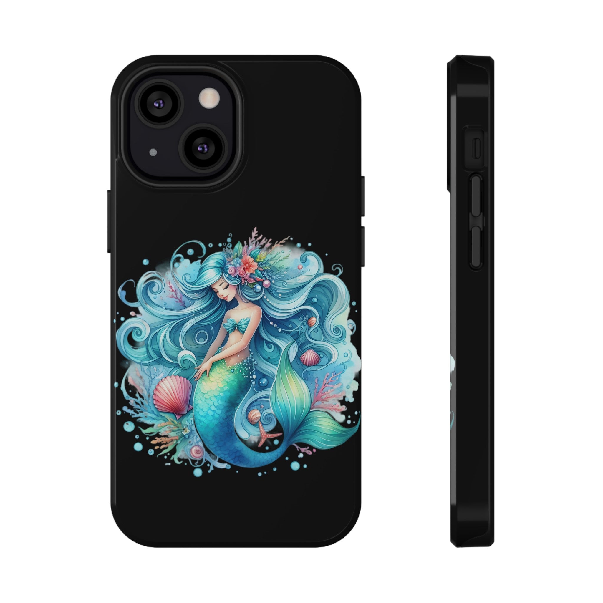 Sleepy Mermaid & Shells Black Phone Case – Matte or Glossy Finish