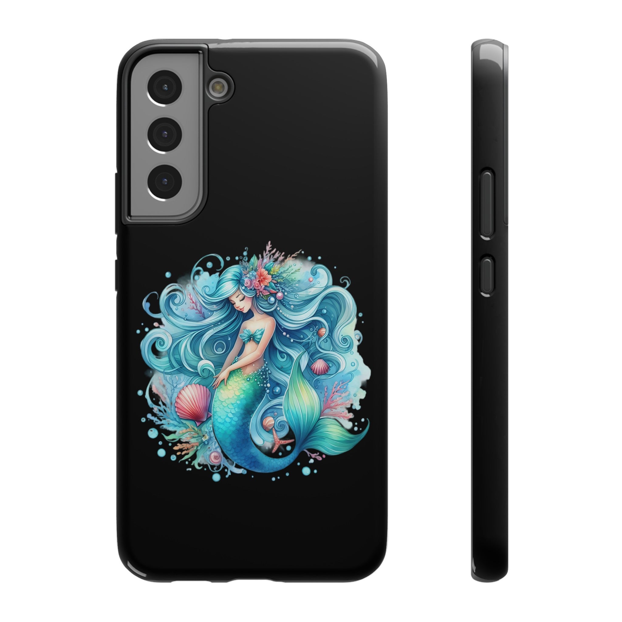 Sleepy Mermaid & Shells Black Phone Case – Matte or Glossy Finish