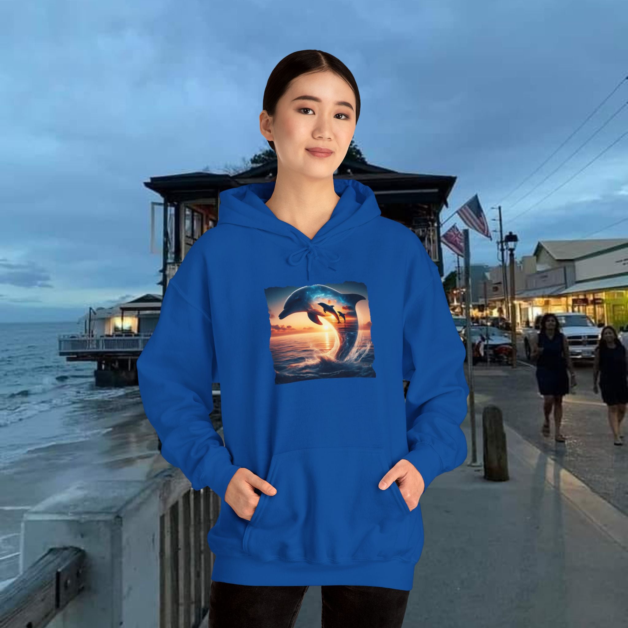 3 Dolphin Sunset Hooded Sweatshirt Unisex Heavy Blend