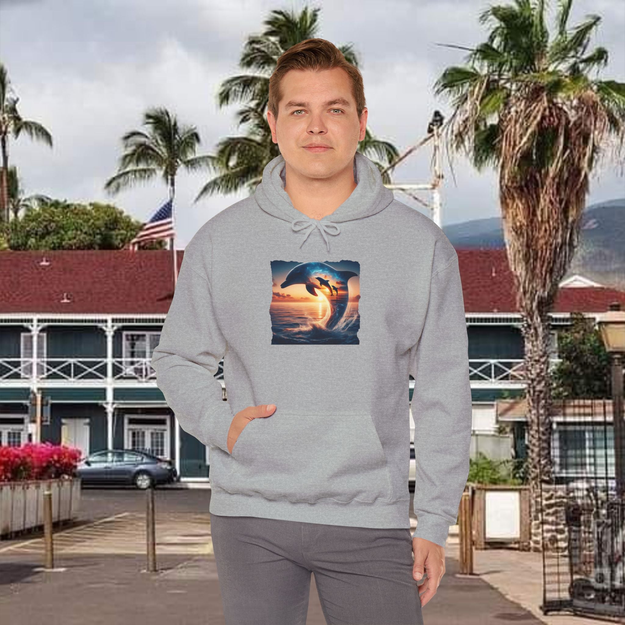 3 Dolphin Sunset Hooded Sweatshirt Unisex Heavy Blend