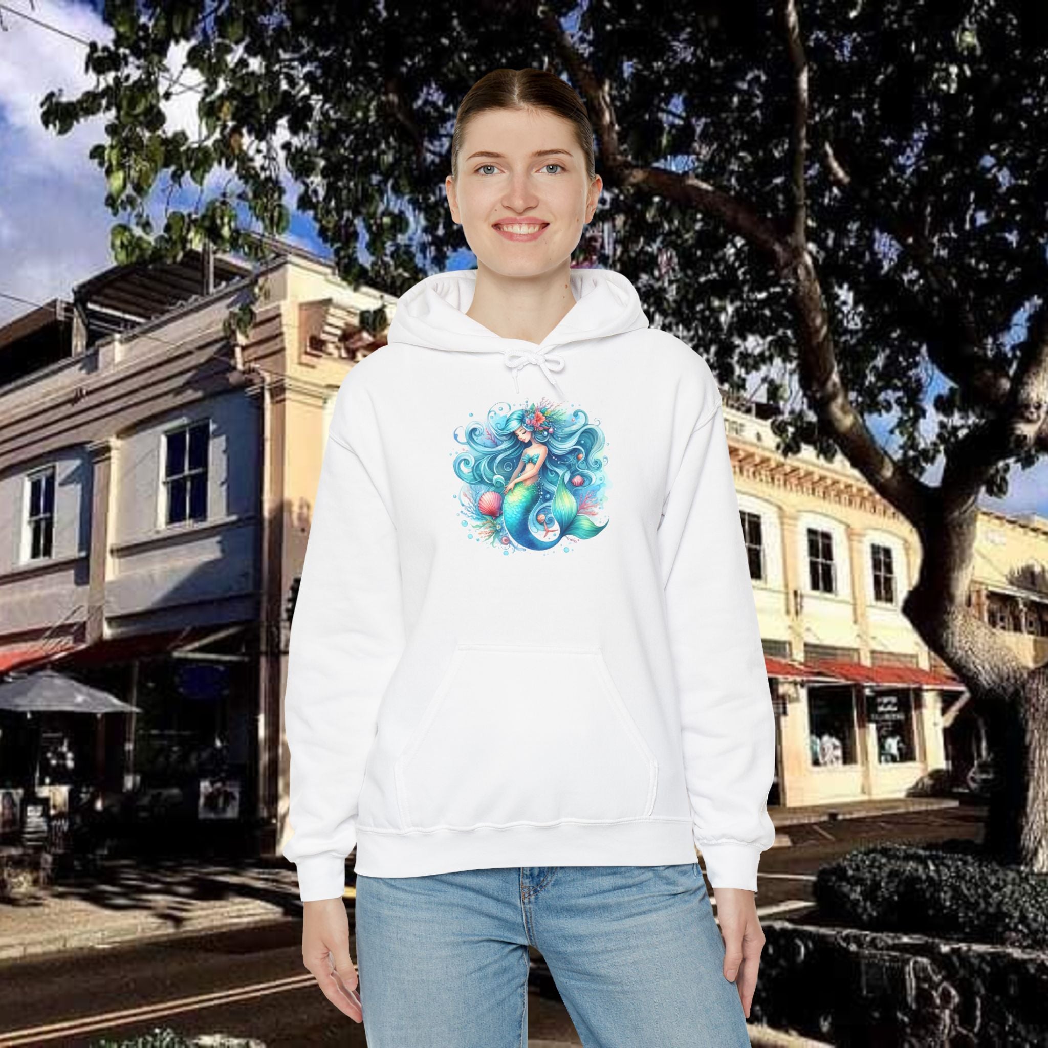 Blue Sleepy Mermaid Hooded Sweatshirt Unisex Heavy Blend