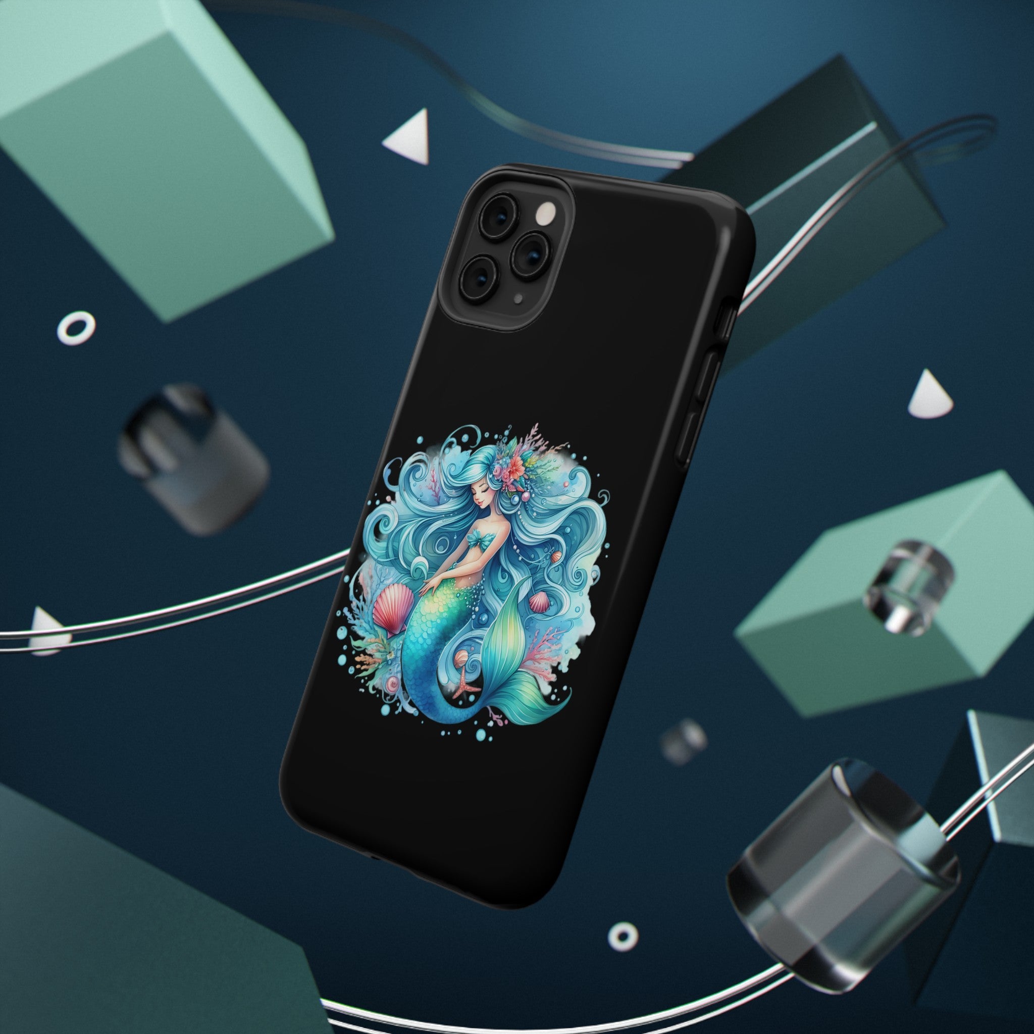 Sleepy Mermaid & Shells Black Phone Case – Matte or Glossy Finish