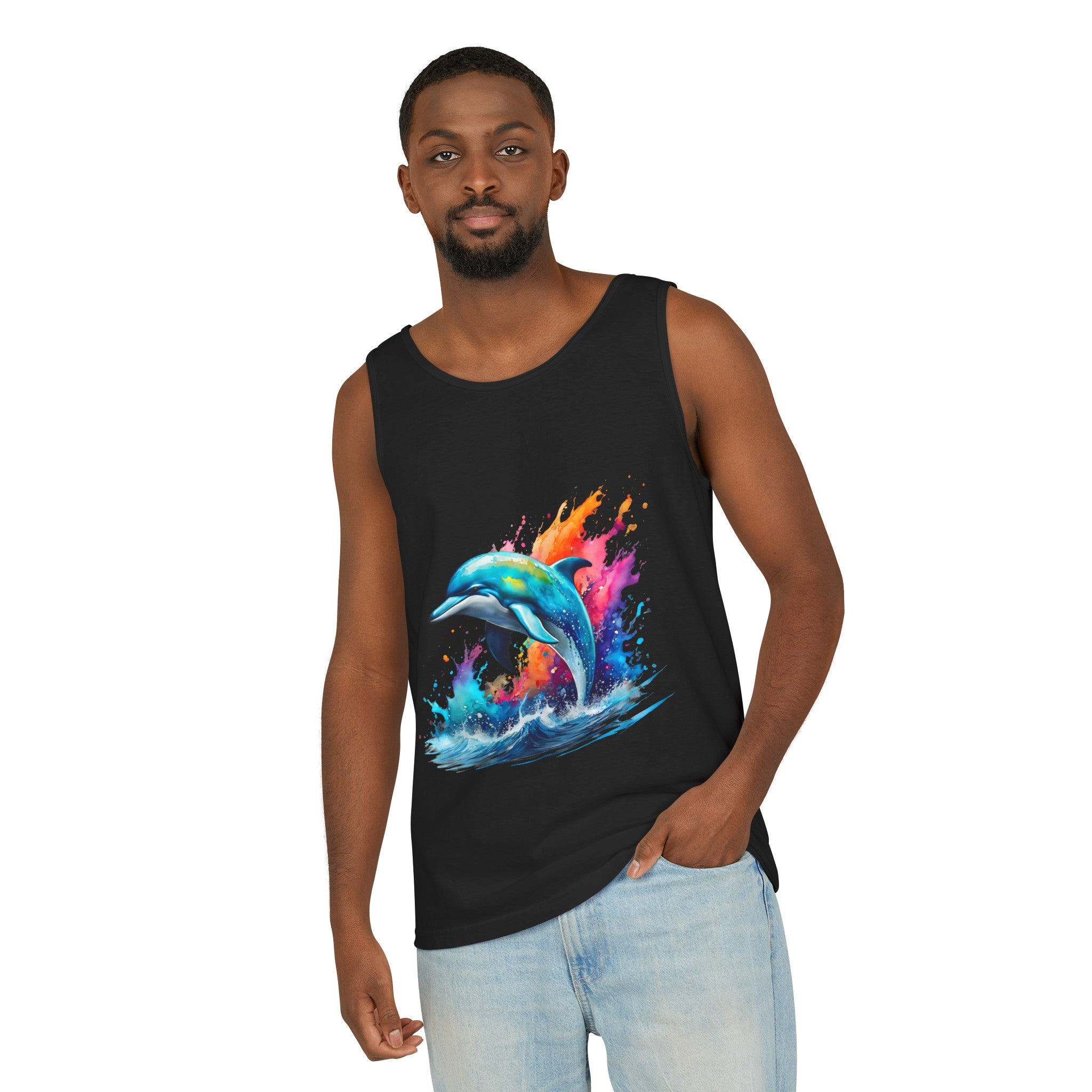 Colorful Dolphin Black Tank Top – Unisex Garment-Dyed Comfort